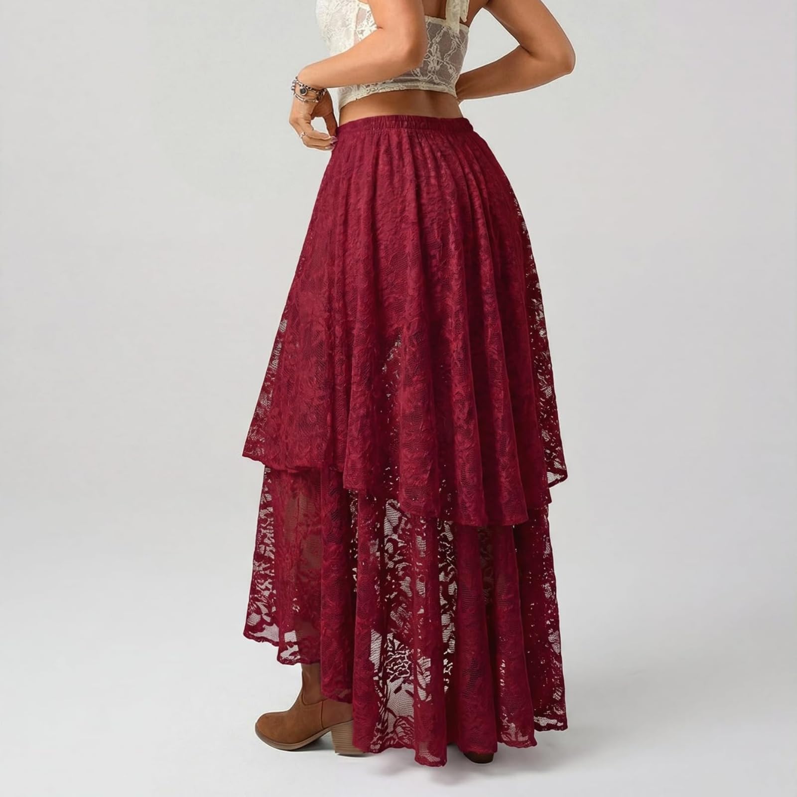 Générique Jupe Longue à Volants en Dentelle et Tulle superposés pour Femme, Coupe trapèze, Style bohème, Ourlet Tendance, idéale pour Les Sorties. (Burgundy,Grand)