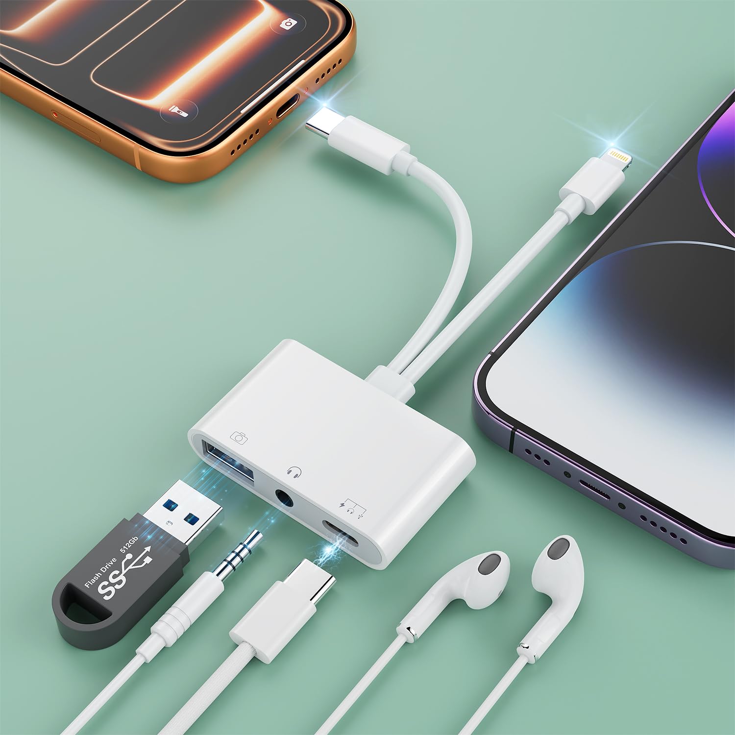 Photo 1 of Lightning/USB C to 3.5mm Aux Audio Headphone Splitter Adapter Cable,USB OTG Camera Adapter+3.5mm Jack+Type-C Earphone/Charge Port,Phone Splitter for iPhone 15/14/13,Samsung,iPad