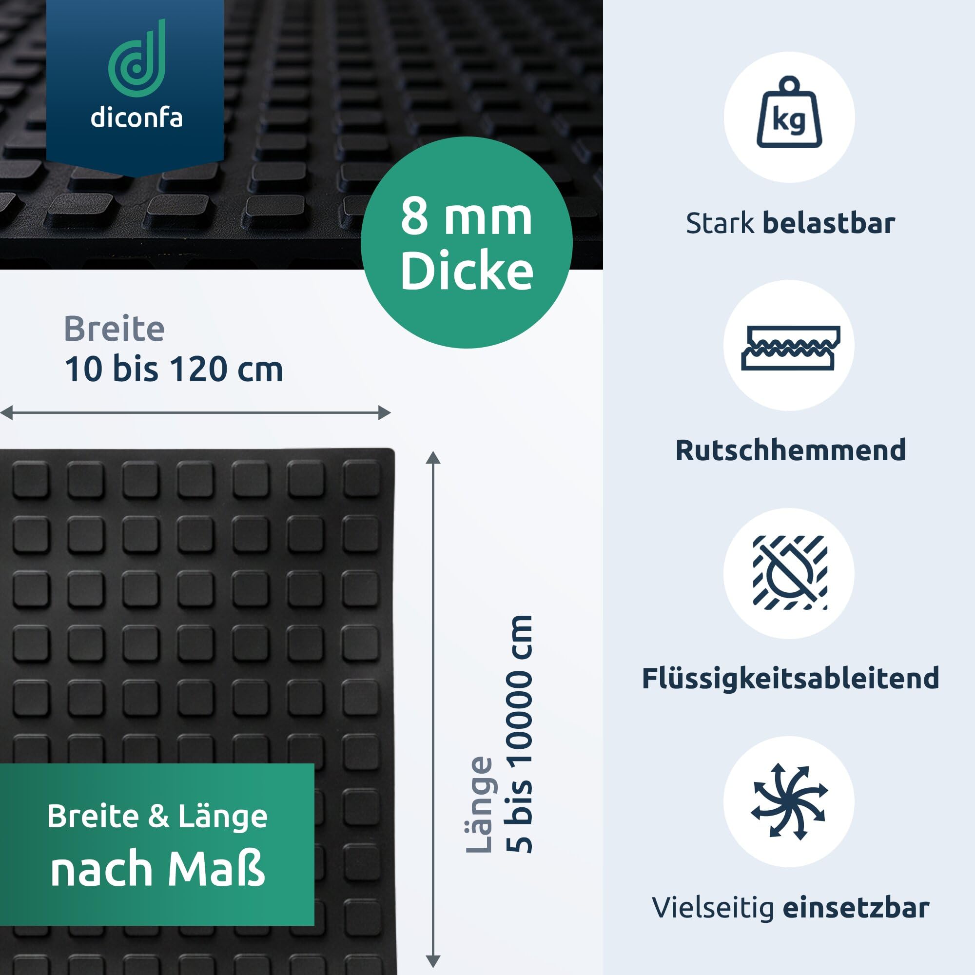 diconfa Gummimatte Klotzmatte 8mm NACH Maß - 0,1 bis 1,2m BREIT - 0,1 bis 10m LANG - 60cm x 150cm - mit Gewebeeinlage - Stallmatte Transporter Pferde Pferdewippe Tier-Anhänger Arbeitsplatzmatte