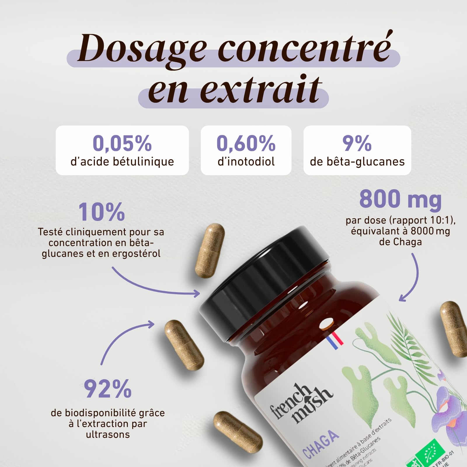 French Mush - Chaga Bio Gélules 8000 mg - Super Aliment Antioxydant - 56 Gélules Vegan - Chaga Mushroom Complex Riche en Vitamines B, D et K - Testé en Laboratoire - Fabriqué en France