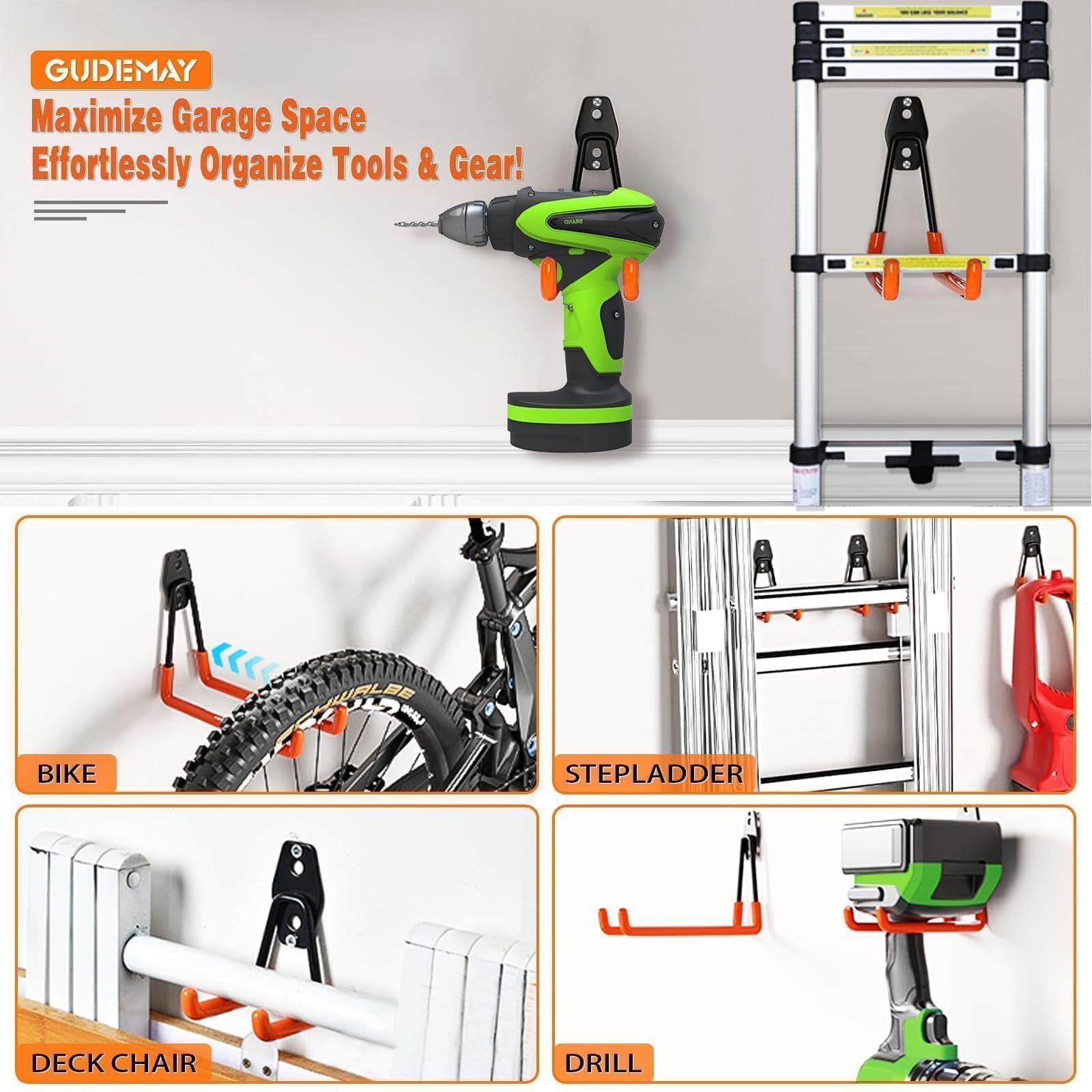 32 Pack Garage Hooks, Heavy Duty Steel Tool Hanger&Organizer for Wall Mount Storage, Ladders, Bikes, Power Tools, Utility Steel Garden Tool Organizer with Anti-Slip Coating (32pcs - Orange)