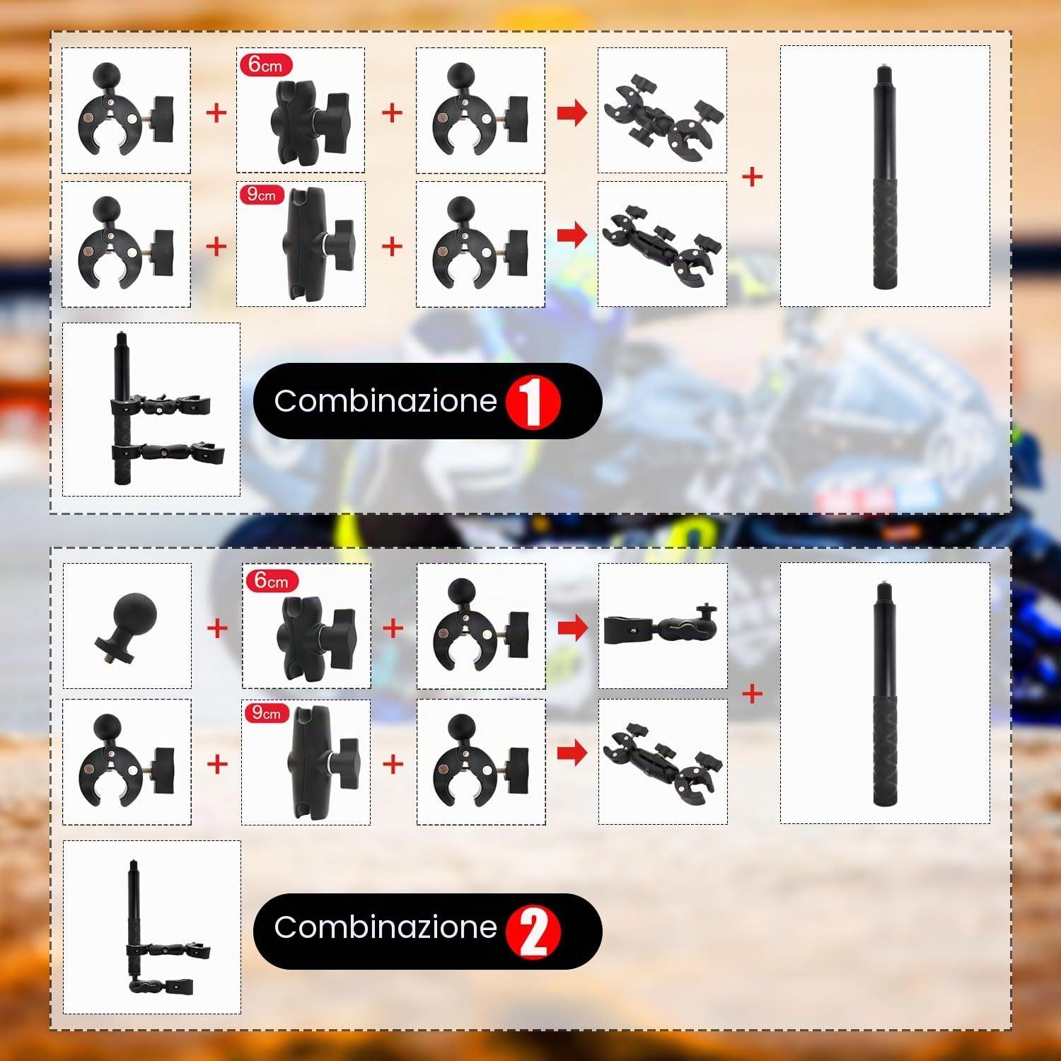 Moto Doppio Morsetto Montaggio Kit 47″Invisibile Bastone compatibile per Insta 360 X5-X RS GO3 Alluminio Impieghi Gravosi Fotografica Bicicletta Morsetto Montaggio compatibile con OSMO Nano 360