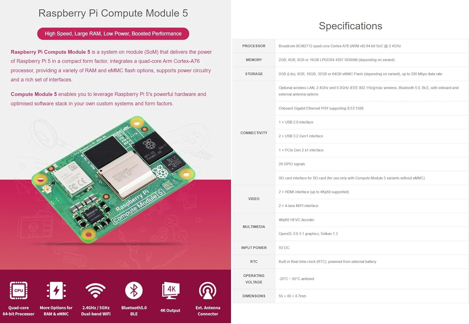 Raspbery Pi Compute Module Core Board Compute Module 5, with Wireless / 16GB RAM / 0GB (Lite) eMMC Flash (CM5116000)
