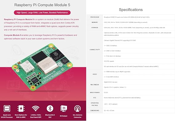 Raspberry Pi Computing Module Core Board Computing Module 5, Wireless / 16GB RAM / 64GB eMMC with Flash CM5116064