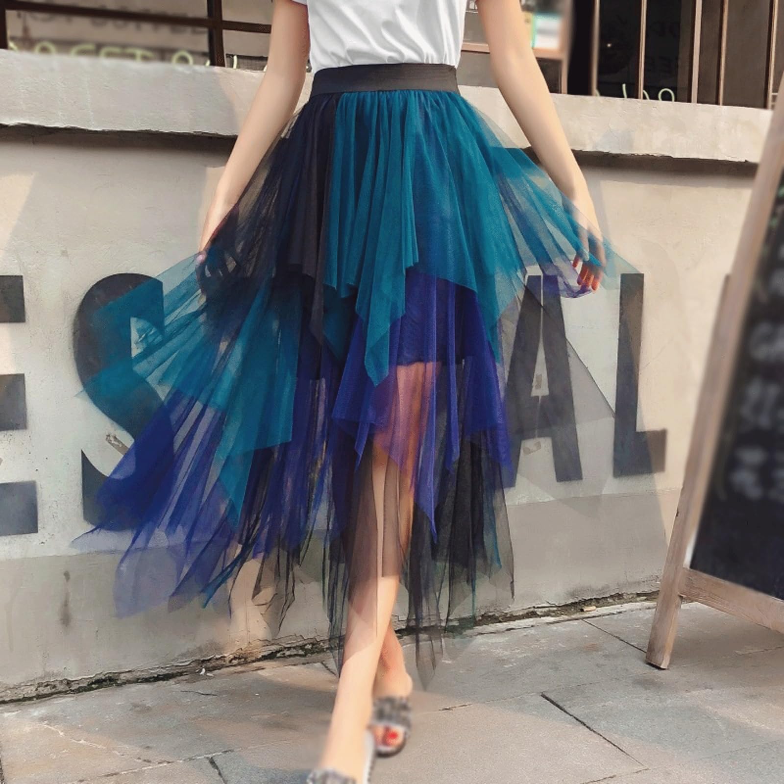 DUddTTW Irregular Women's Midi Skirt Mesh Midi Length Flowy Skirt Elastic Waisted Swing Skirt Slimming Maxi Skirts Ankle Length Skirts(Bluegreenblack)