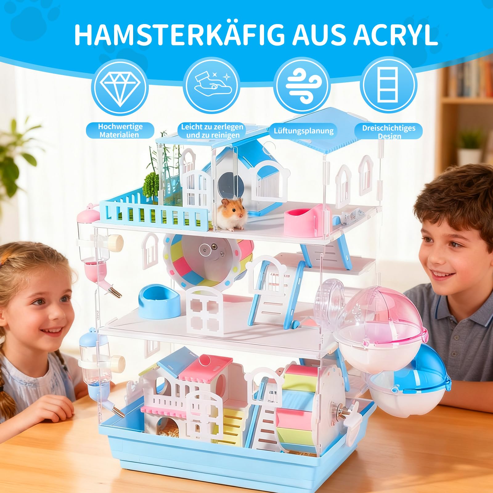 Jaula acrílica para hámster de 35 x 26 x 51 cm, diseño magnético para hámster, con botella de agua, cuenco para alimentos, rueda, bañera y puente colorido, base extraíble, color azul