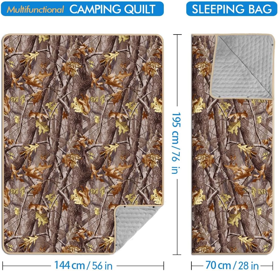 Outdoor Camping Quilt, Warm Thick Blanket with Polar Fleece Packable Down Wearable Camp Blankets with Snap Buttons Soft Puffy Camping Quilt for Cold Weather (Camouflage, 76'' x 56'')