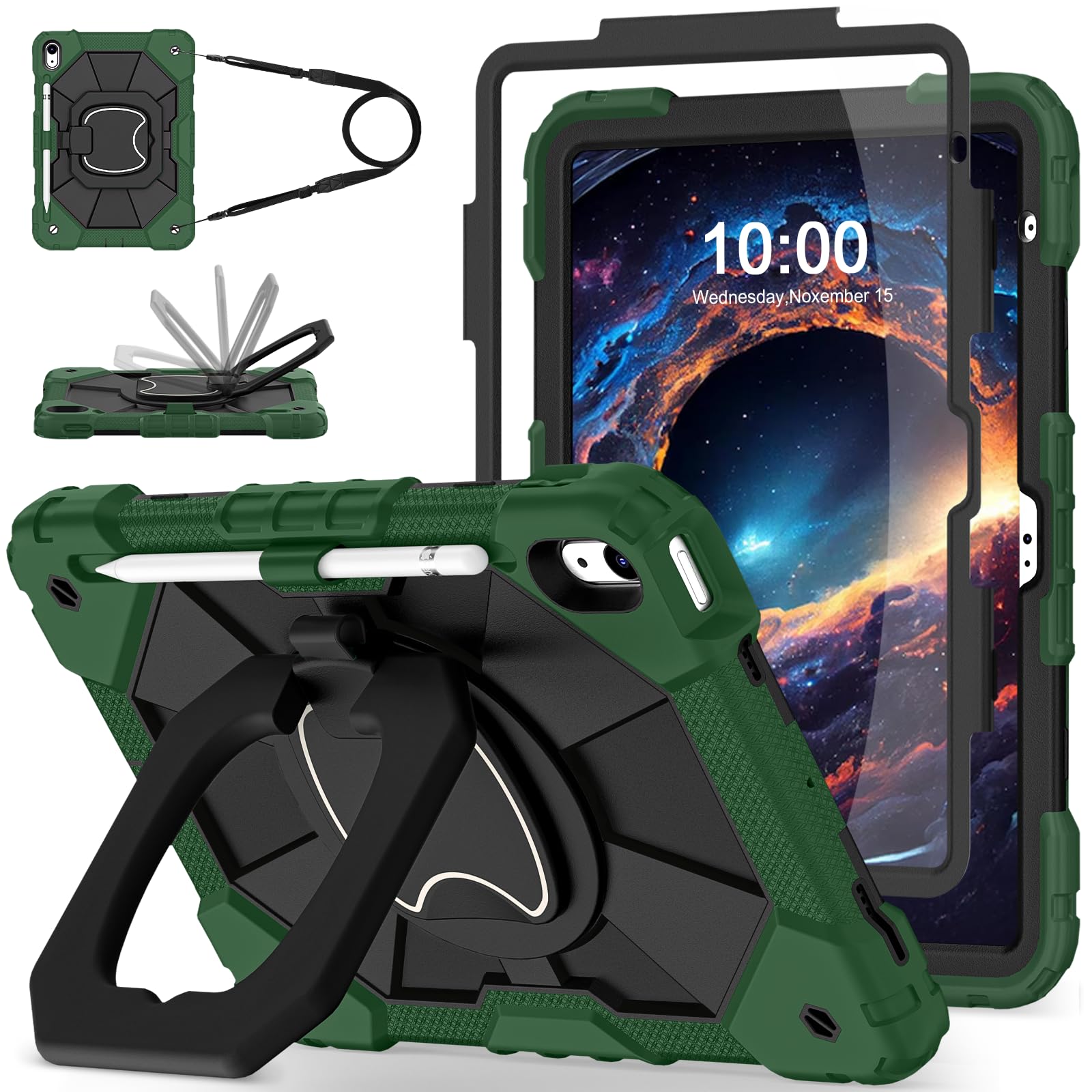 WESOROL Case for iPad (A16) 11th/10th Generation 2025/2022 with Screen Protector Rotating Stand Pencil Holder iPad Case 10th Generation Shockproof Cover for iPad 11th/10th Gen Cases,Green Black