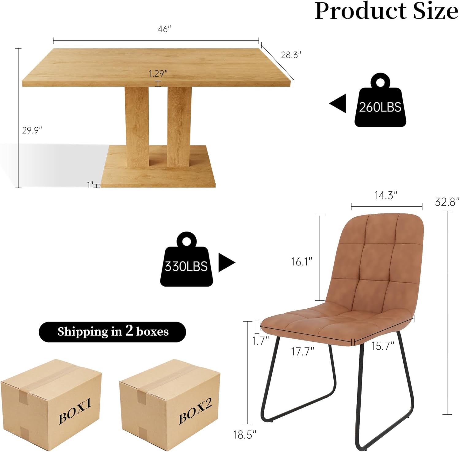 Dining Table Set for 4-6 People, 46 Inch Modern MDF Oak Kitchen Table with 4 Faux Leather Chairs, Rectangular Dining Room Table Set for Home, Small Spaces, Breakfast Nook (Oak Table + 4 Brown Chairs)