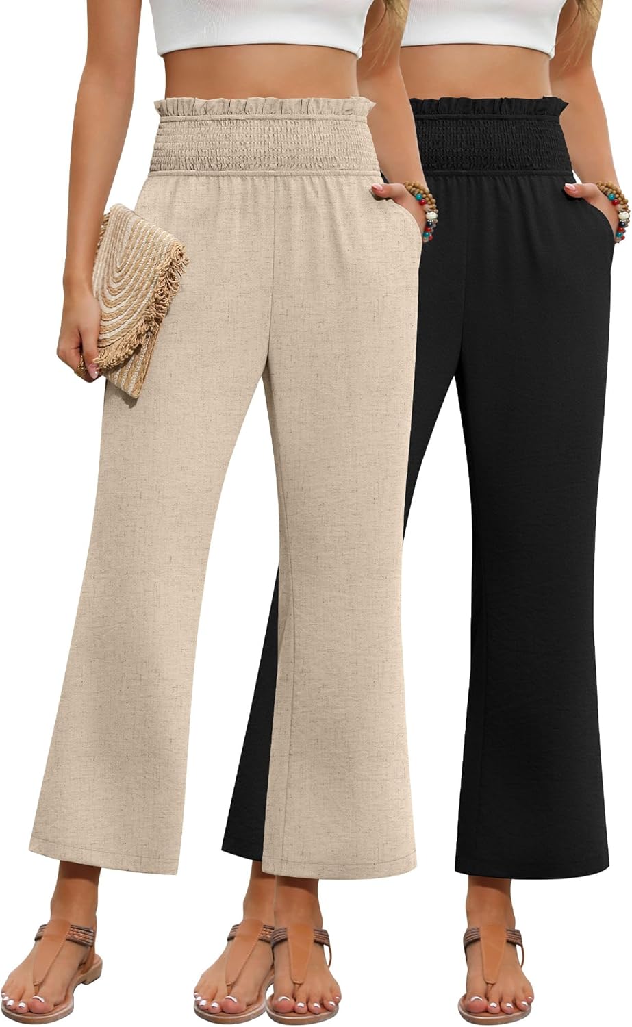 2 Pack Women's Linen Pants, High Waist Cropped Wide Leg Loose Pants with Pockets Flowy Palazzo Beach Trousers(Khaki, Black,Small)