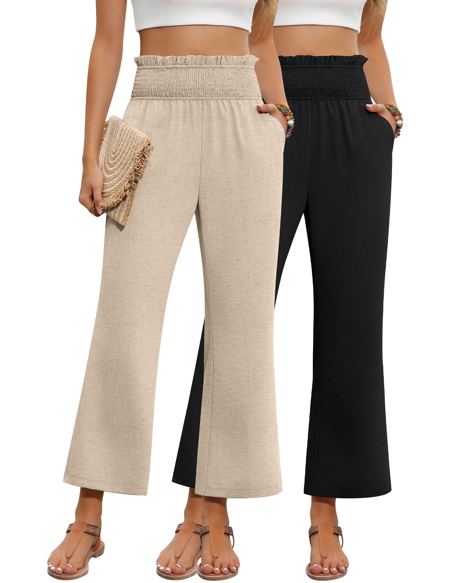 2 Pack Womens Linen Pants High Waist Cropped Wide Leg Loose Pants with Pockets Flowy Palazzo Beach Trousers