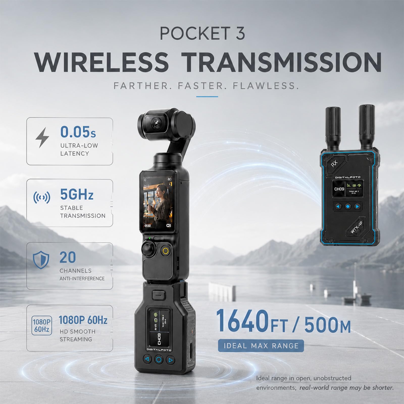 DF DIGITALFOTO WTX-4P Transmisor Receptor HDMI Inalámbrico para dji Osmo Pocket 3, Alcance 500m, Baja Latencia 0,05s, Salida UVC y HDMI 1080P60, Sistema de Video