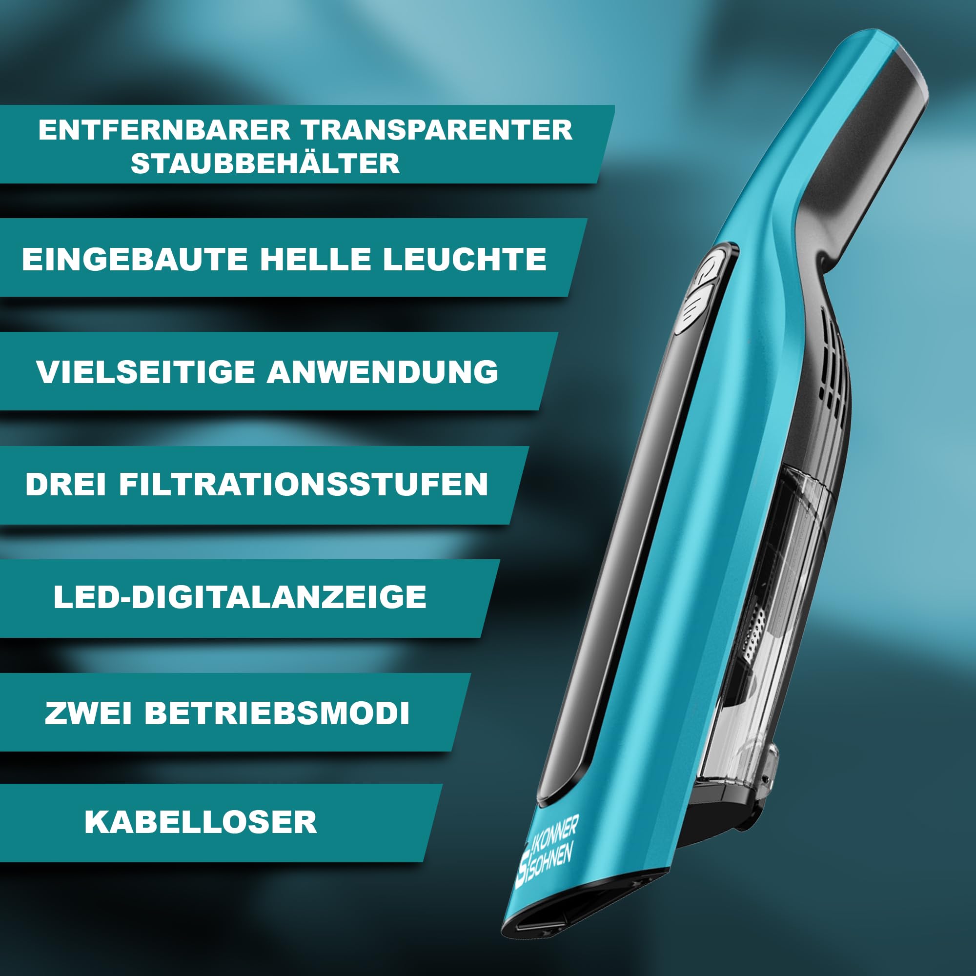K&S Könner&Söhnen KS VC10 - Aspiradora de mano inalámbrica de plástico ABS, 7000 Pa/16000 Pa, mini aspiradora con batería de iones de litio 3 x 2000 mAh, aspiradora de mano fuerte