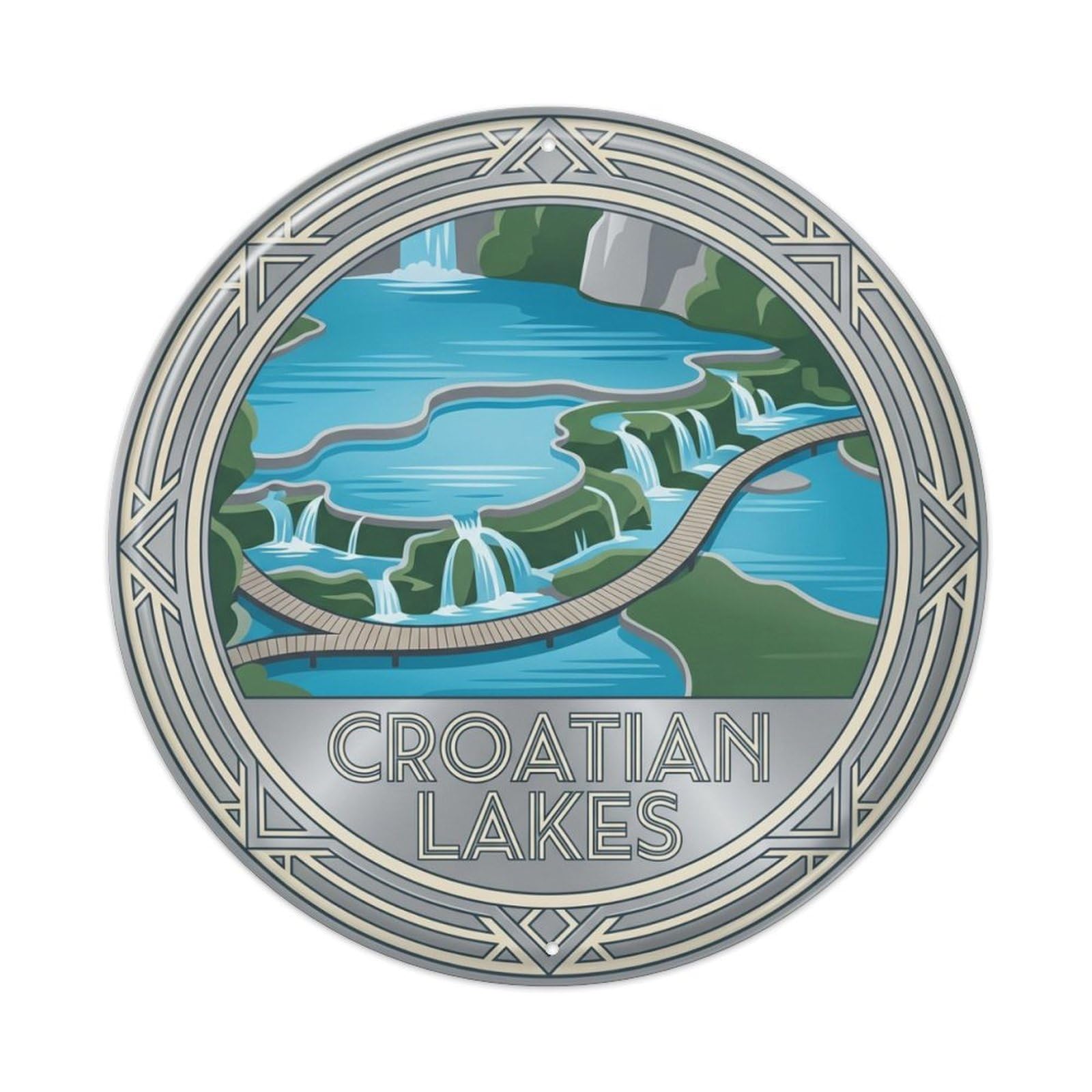 Vintage Travel Croatian Lakes Paradise Metal Tin Sign Plaque Wall Decor for Cafe, Club Bar, Office, Home Garden Round Metal Poster 8x8Inch
