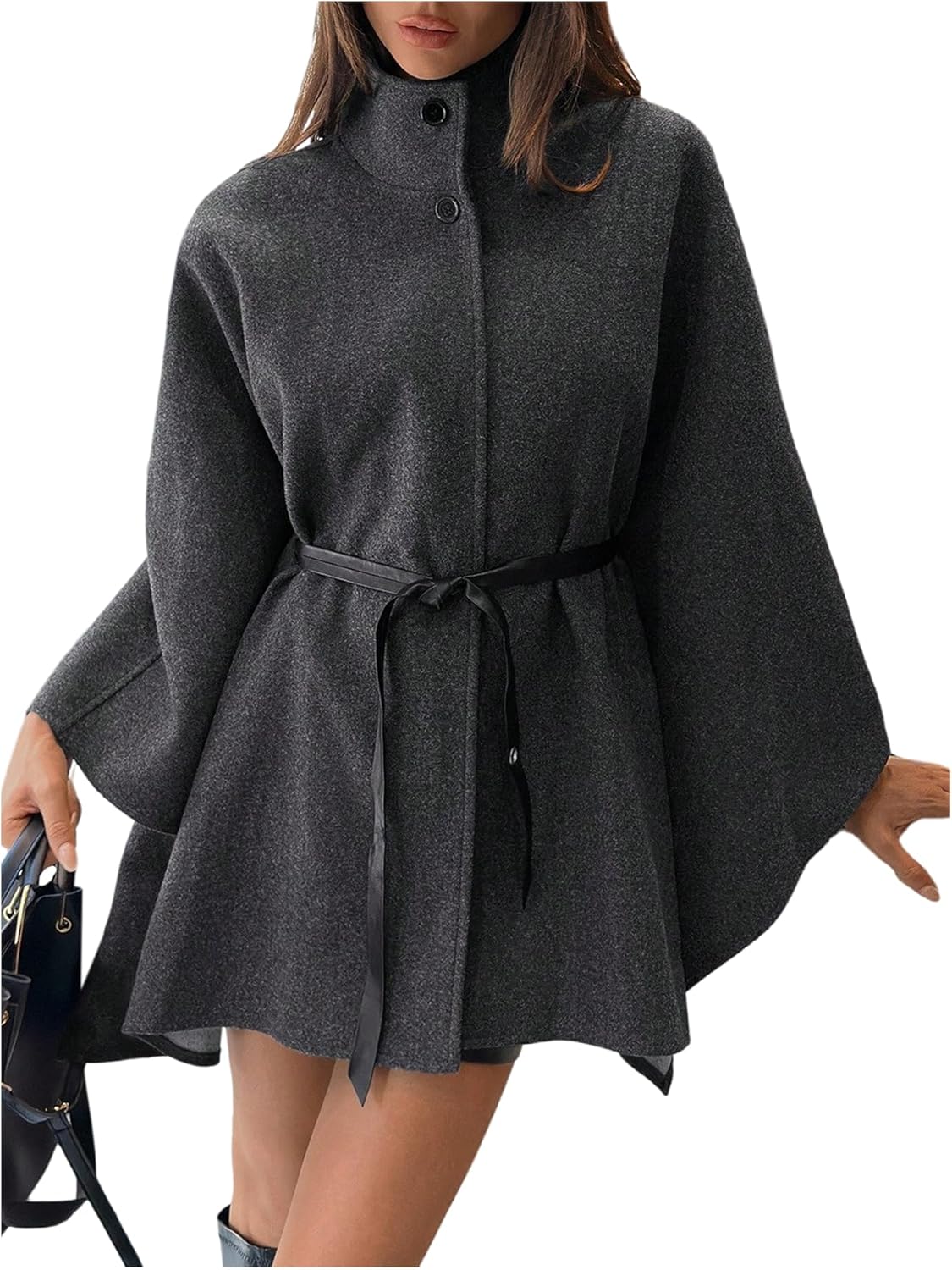 GORGLITTER Women's Bat Wing Sleeve Pea Coats Poncho Cape Long Trench Coat Dress Fall Stand Collar Cloak Belt Outerwear
