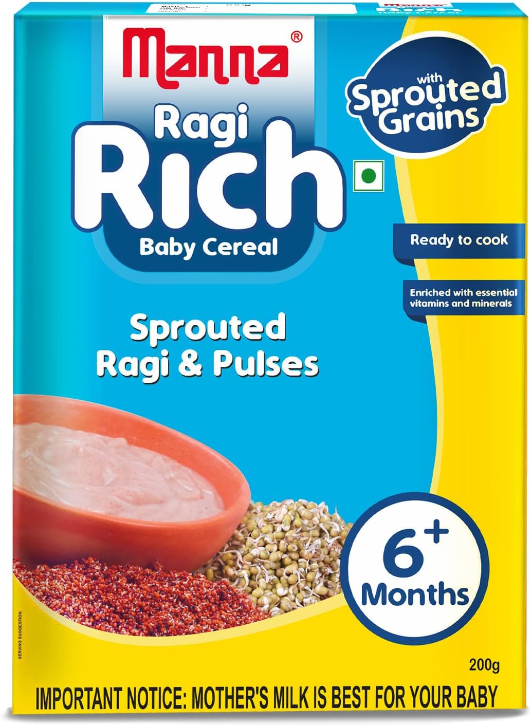 Baby Food Cereal. No added sugar, safe for 6 months and above, BIS Approved cereal based complimentary food, sprouted millets & pulses for easy digestion. Allergen Free. Sprouted Ragi & Pulses 200g