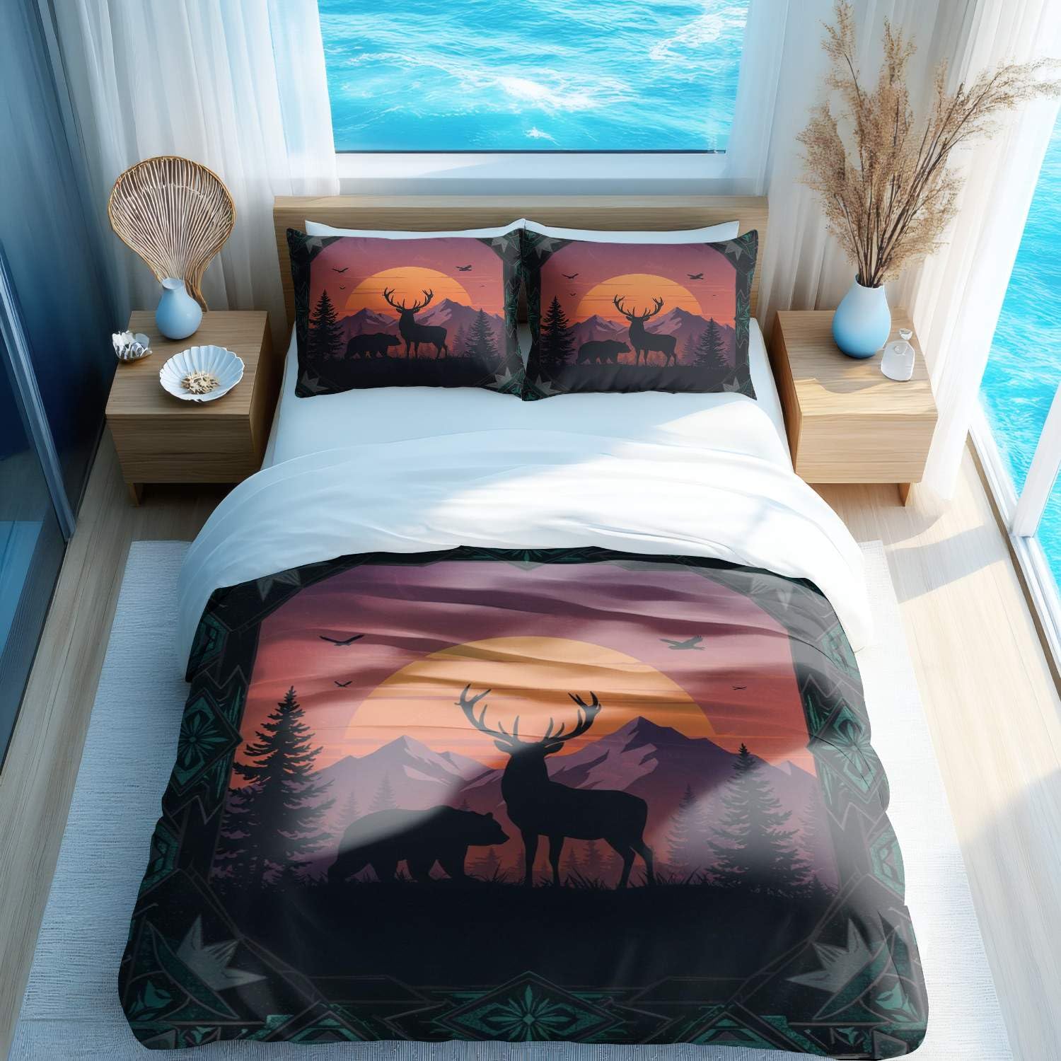 Parure de lit ultra douce et respirante avec motif minimaliste de cerf et d'ours