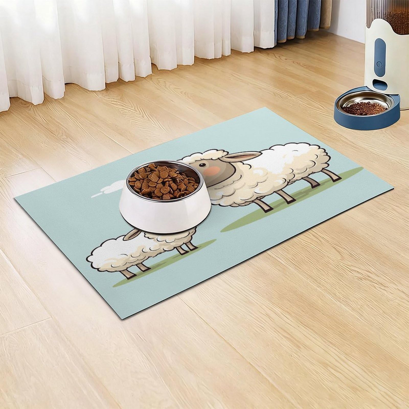 Tapis de nourriture pour chat - Motif mouton et agneau - Antidérapant - Facile à nettoyer pour la nourriture et l'eau - 43,2 x 76,2 cm