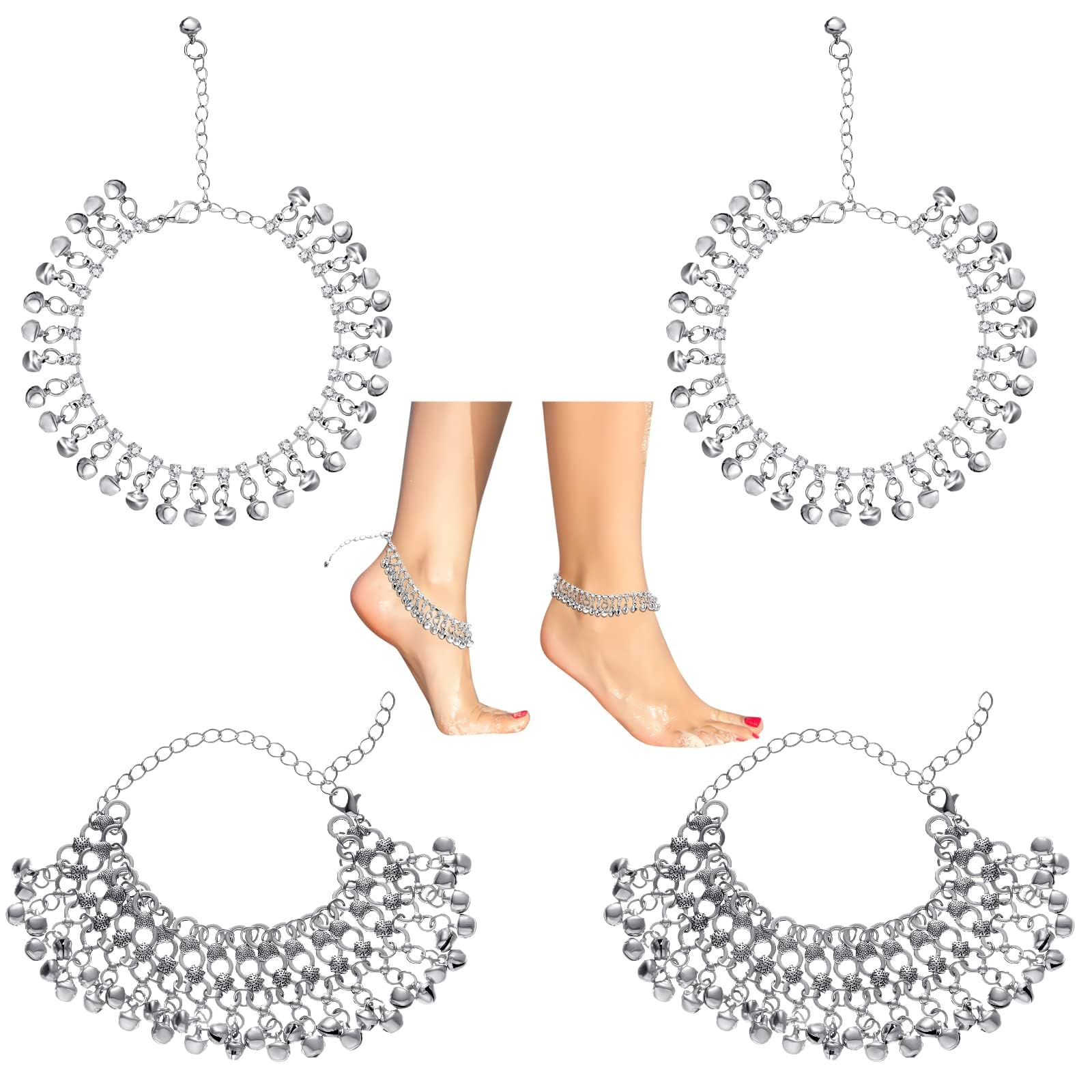 NALACAL Pack of 4 Boho Gypsy Bell Tassel Anklets Bracelets Silver Beaded Anklet Chain Rhinestone Vintage Anklets Summer Beach Barefoot Sandals Foot Jewelry for Women Girls