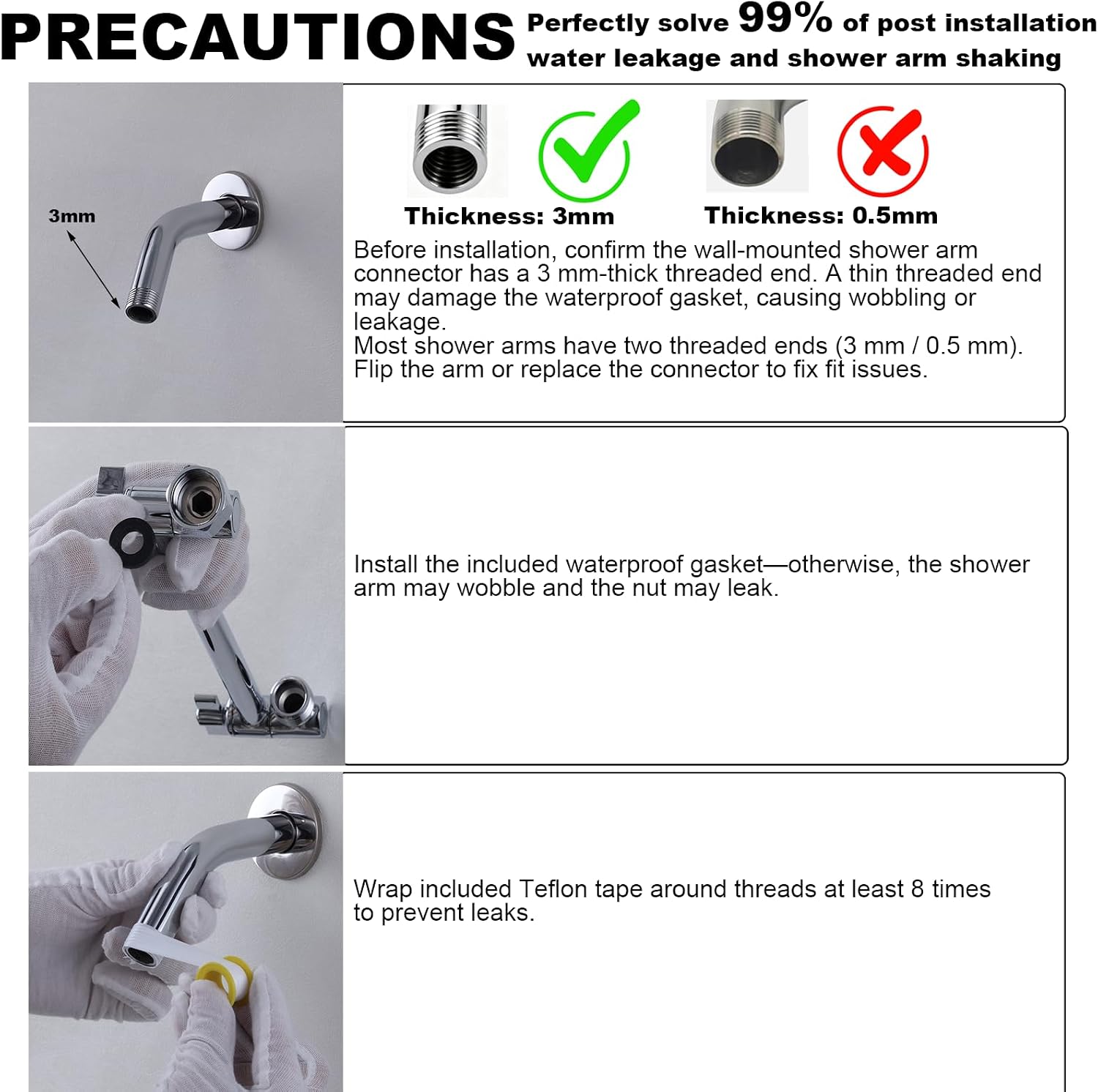 Heavy Duty Adjustable Shower Arm, 11" 100%Brass Extension with Gear Lock Teeth & Swivel Nut,Strong Load Support, No Sagging, Keeps ShowerHead Straight, Leak-Free, G1/2 NPT(Chrome)