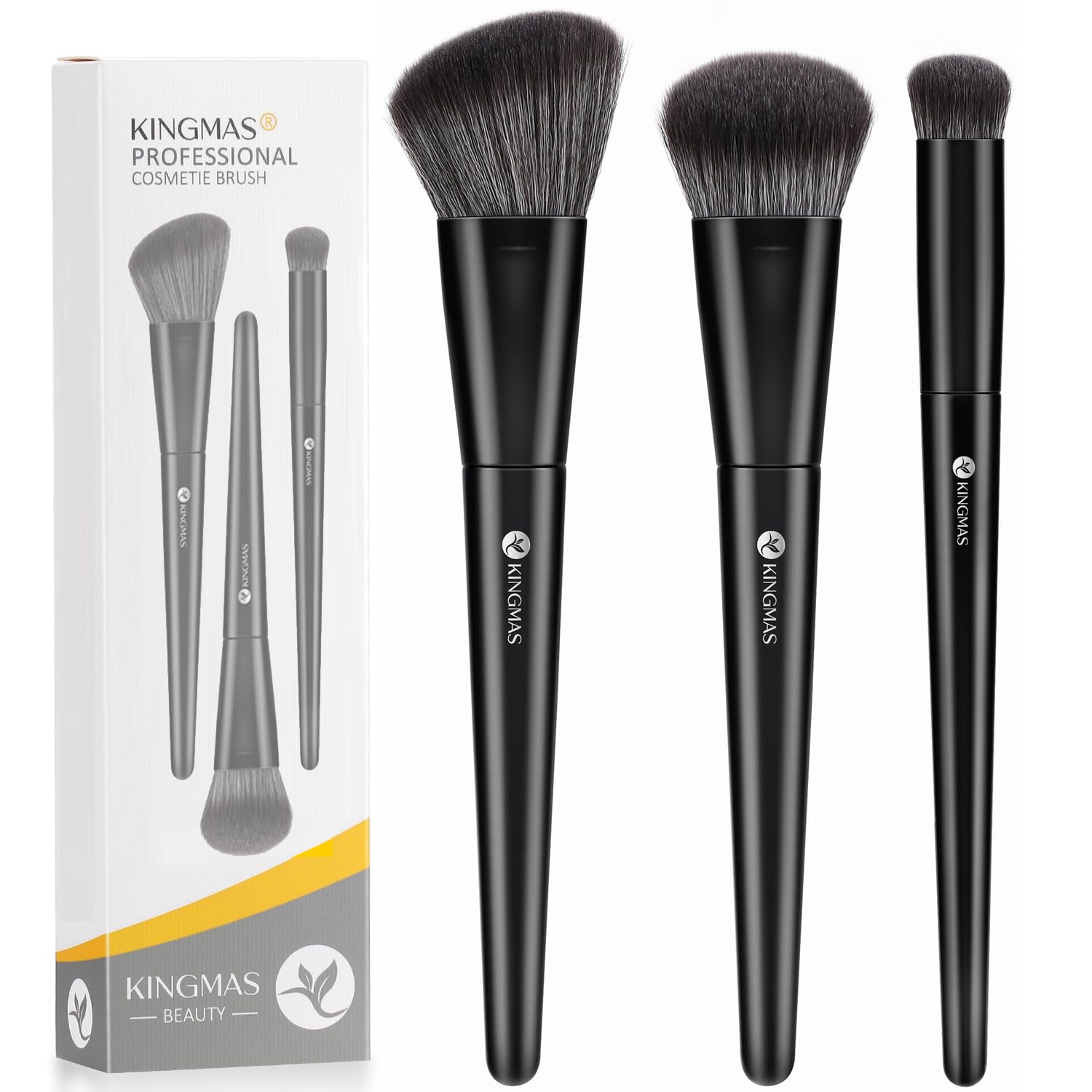 KINGMAS Kabuki Makeup Brushes, 3Pcs Angled Foundation Brush & Contour Concealer Brush Under Eye & Blusher Brush for Face Blush Bronzer Travel Buffing Stippling Contour Liquid Blending Makeup Brush set