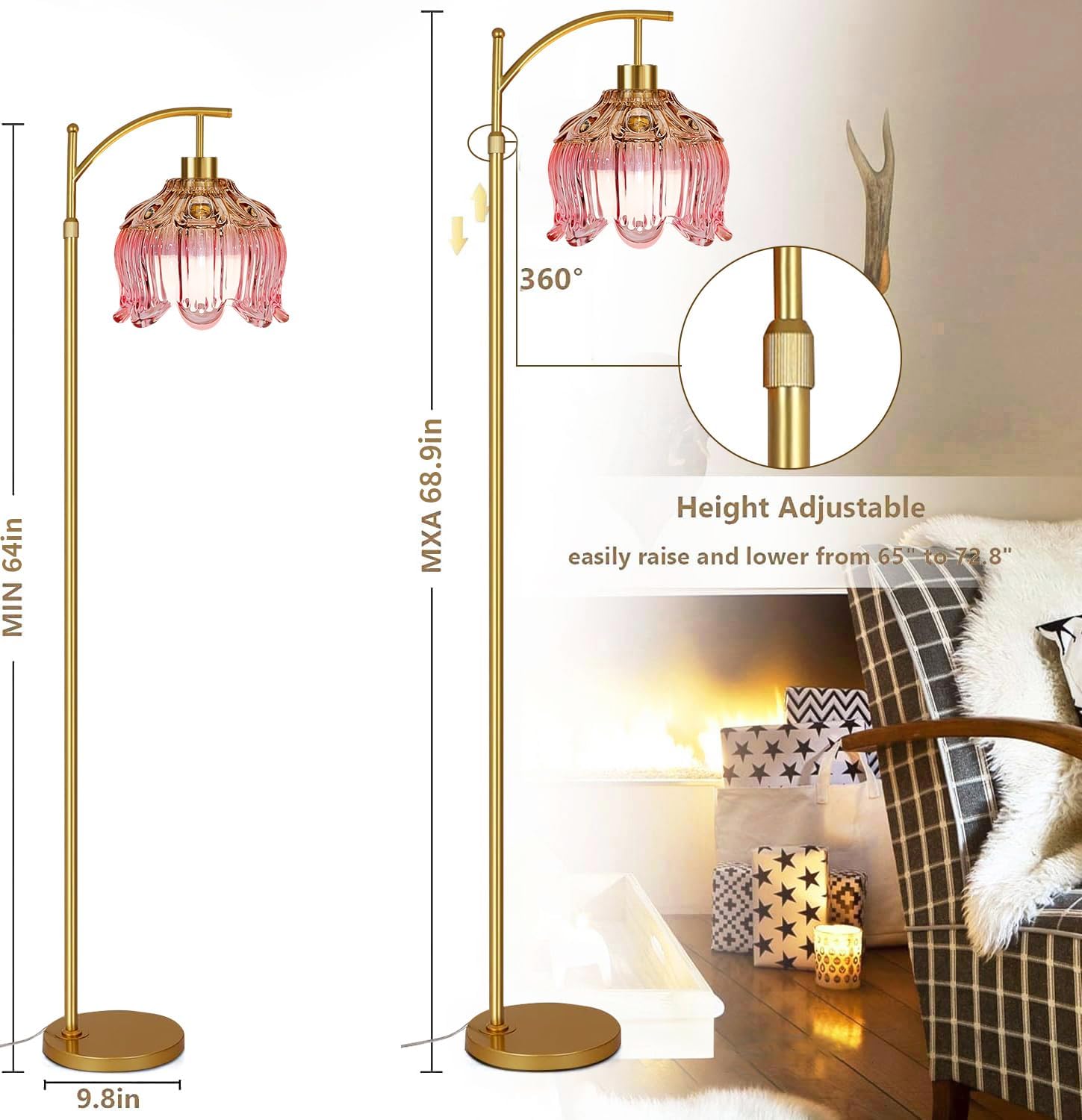 QIYIZM Pink Floor Lamp for Living Room,Bedroom,Gold Dimmable Standing Lamp with Remote,Mid Century Modern Brass Tall Lamp Boho Floor Lamps Arc Stained Glass Flower Floor Light Lamp Girls kids Bohemian