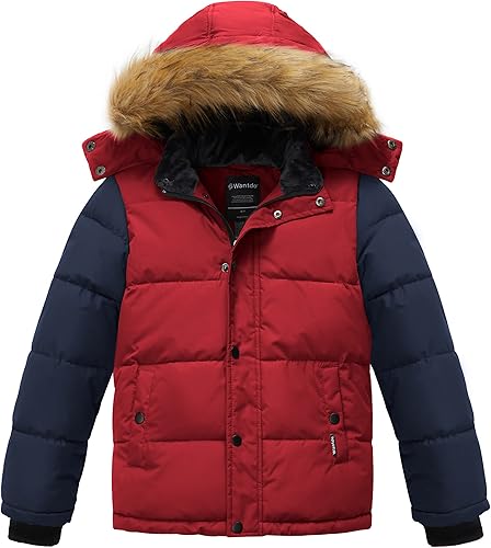 wantdo Abrigo de invierno cálido para niños, chaqueta acolchada de forro polar resistente al agua, chaquetas con capucha extraíble