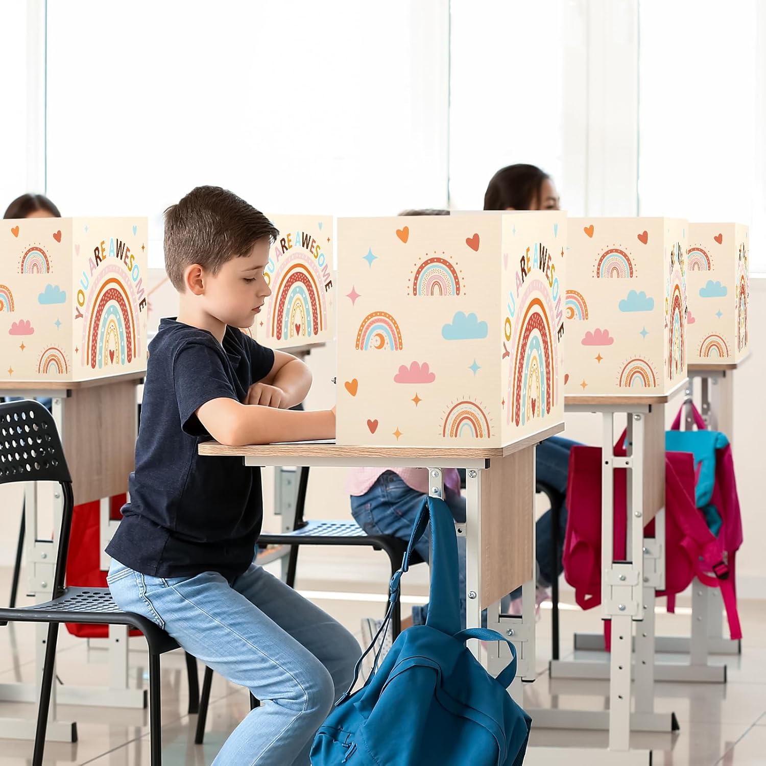 Whaline 30Pcs Privacy Boards Boho Classroom Desk Dividers Colorful Rainbow Heart You are Awesome Desk Privacy Panel Privacy Folders Screen Partition for School Teacher Student Desk Test Supplies