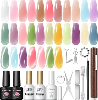 PEACECOLOR 25PCS Jelly Gel Nail Polish Set, 10pcs Cateye Magnet for Nails Circle Heart Ring Square Round Multi Effect Nail Art