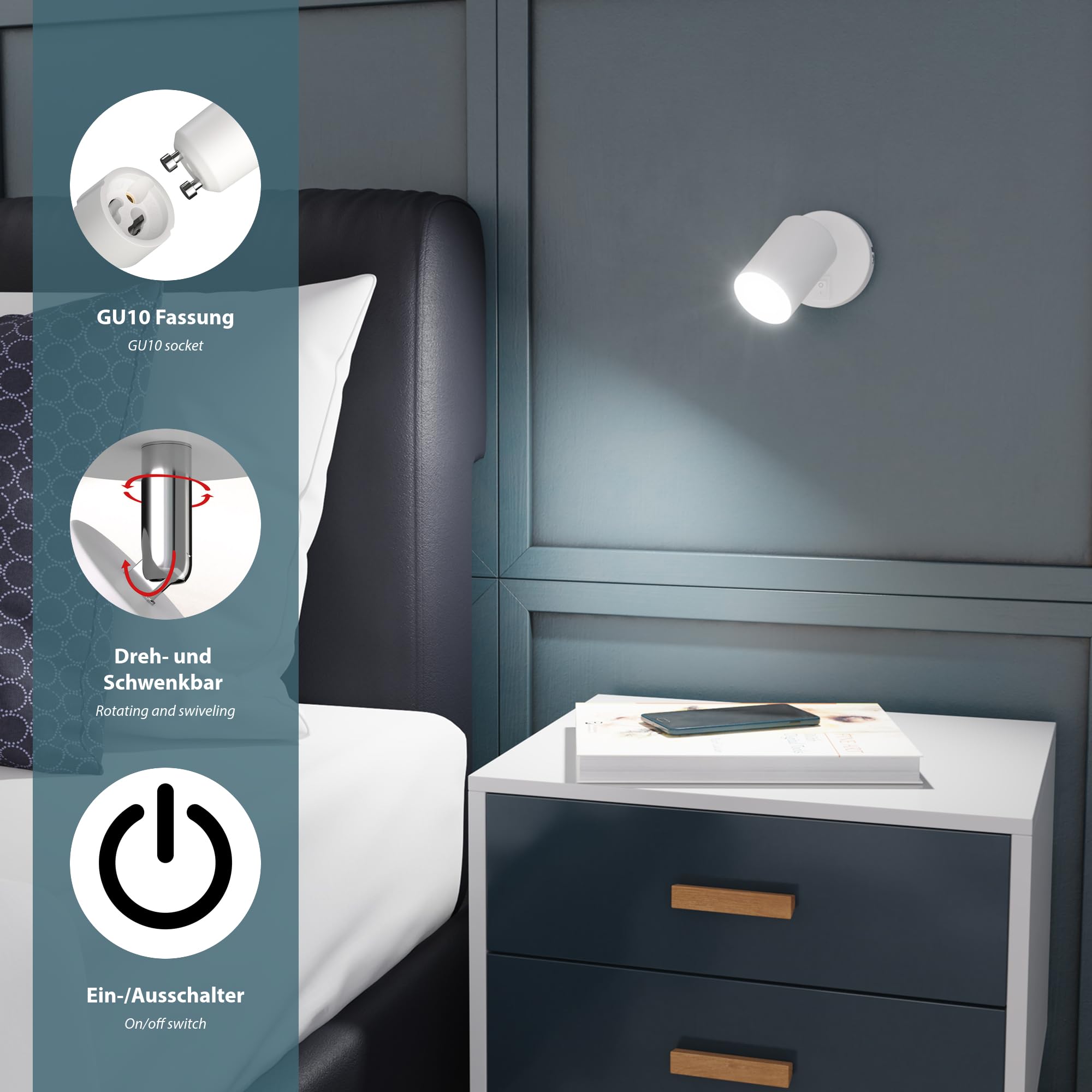 Lampada Da Letto Lampada Da Lettura Lampada Da Parete Regolabile 1xE27 10w Bianco Interruttore A Levetta Briloner 55820490 - Foto 6