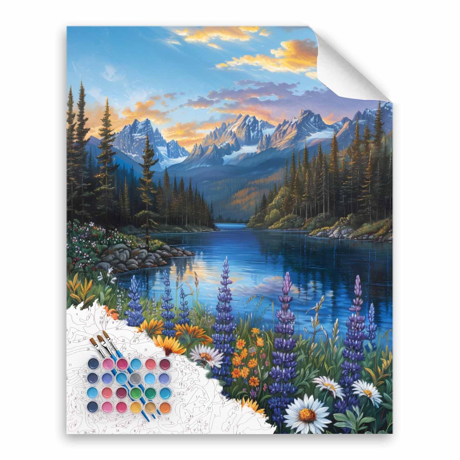 絵画　油彩　木枠付キャンバス　大　風景画　山　湖水 Amazon | 夕暮れの風景と山の木の絵具 大人向け キャンバスに レイク