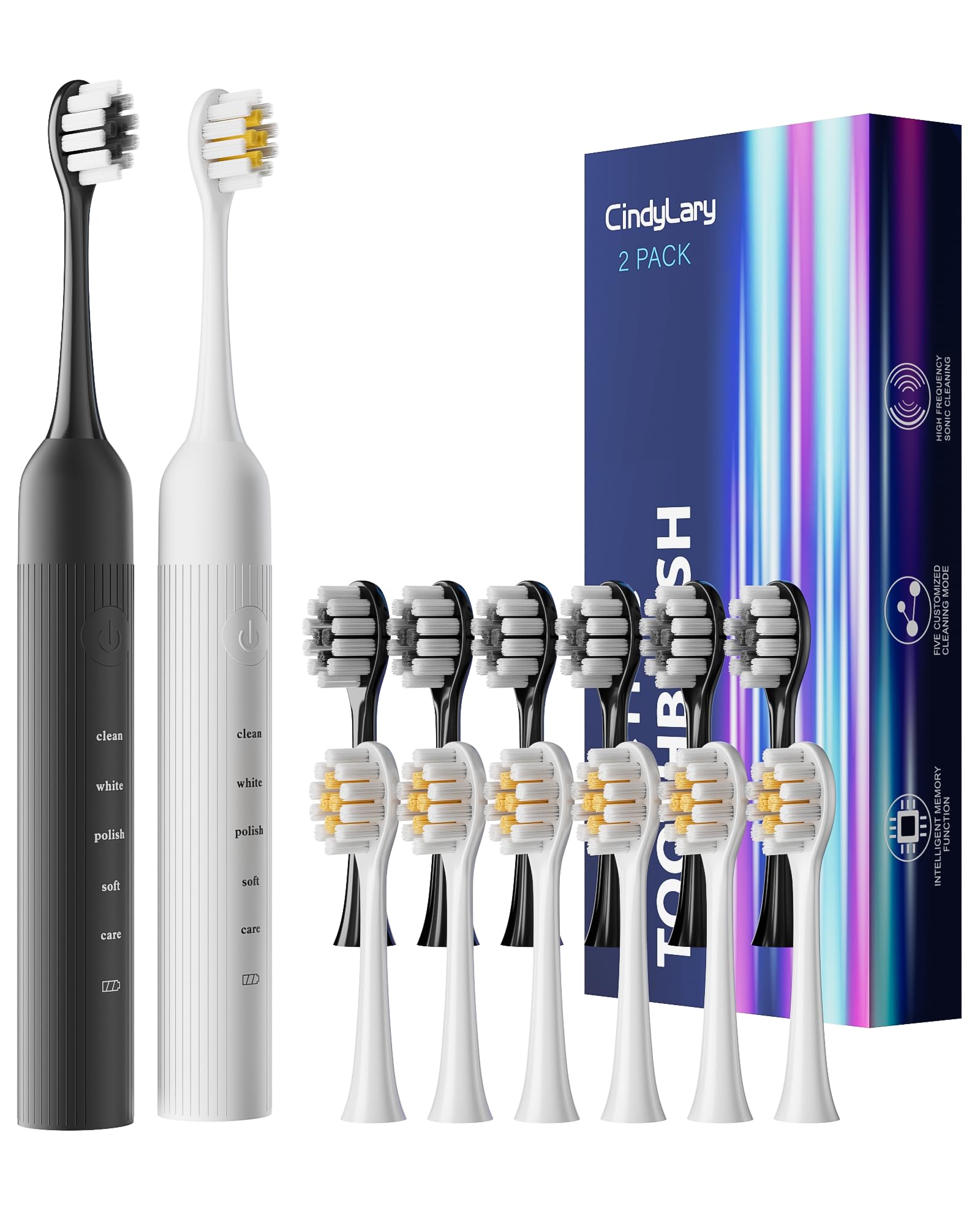 2 Pack Electric Toothbrush for Adults and Kids - Rechargeable Kids Ages 12+ and Adults with 12 Brush Heads & 2 Electric Toothbrush, 90 Days Battery Life - Black and White