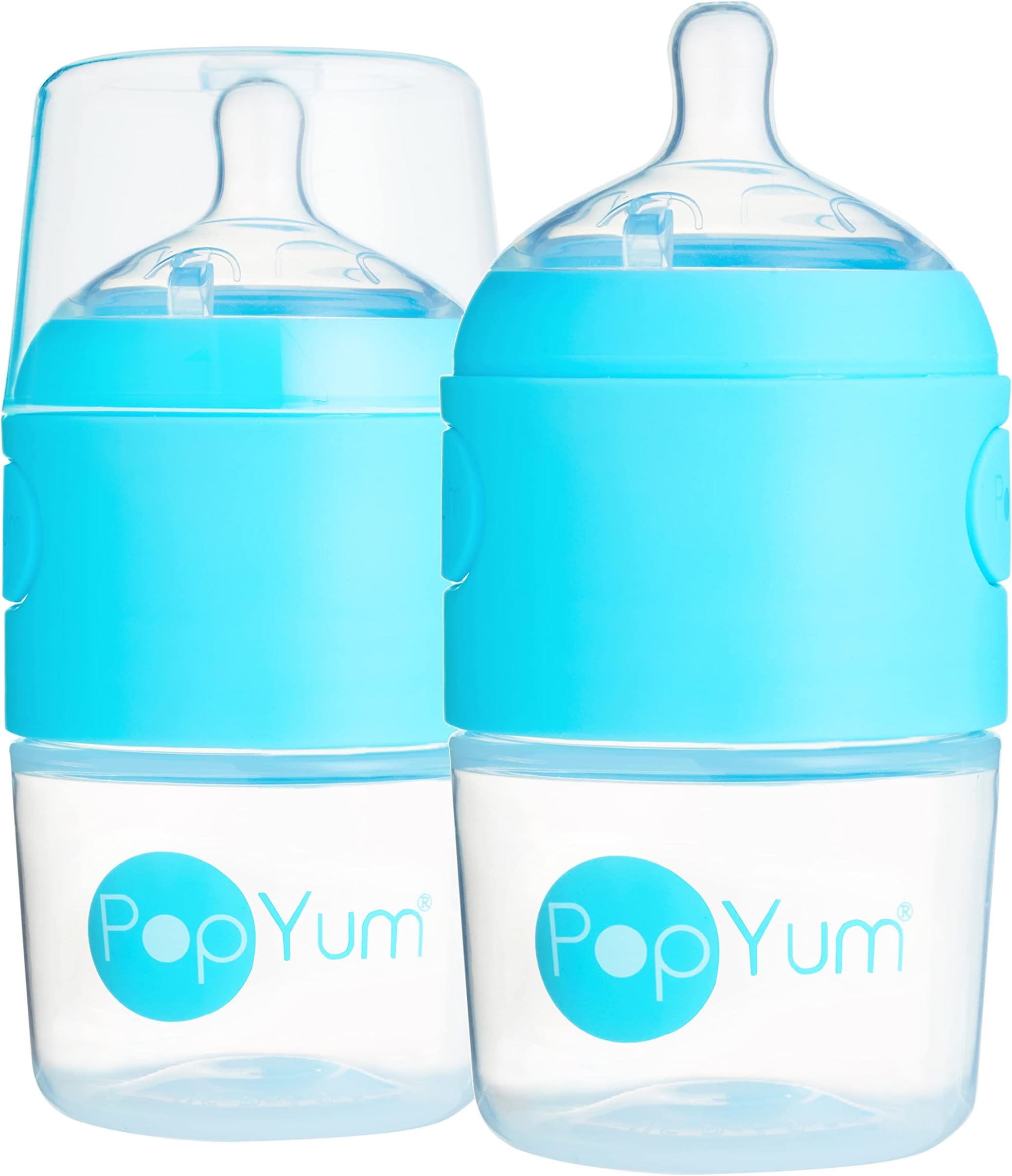 PopYum 5 oz Blue Anti-Colic Formula Making/Mixing/Dispenser Baby Bottles, 2-Pack with #1 Slow Flow Nipples, 150 ml, BPA-Free, Natural Latch