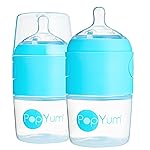 PopYum 5 oz Blue Anti-Colic Formula Making/Mixing/Dispenser Baby Bottles, 2-Pack with 1 Slow Flow Nipples, 150 ml, BPA-Free, Natural Latch