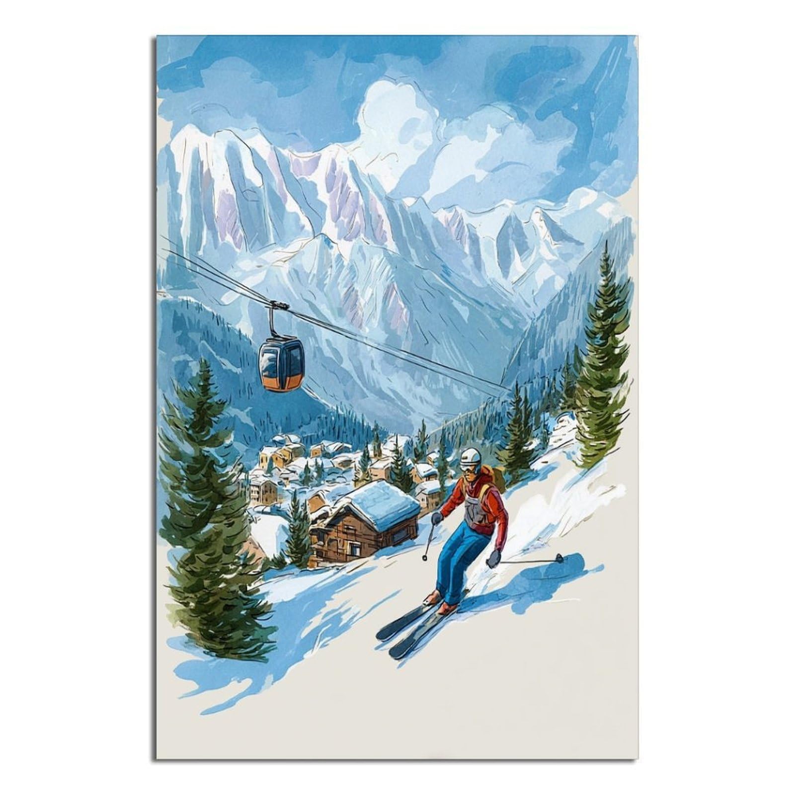 iPuzou Chamonix France Ski Posters 24x36inch(60x90cm) Vintage Watercolor Canvas Art