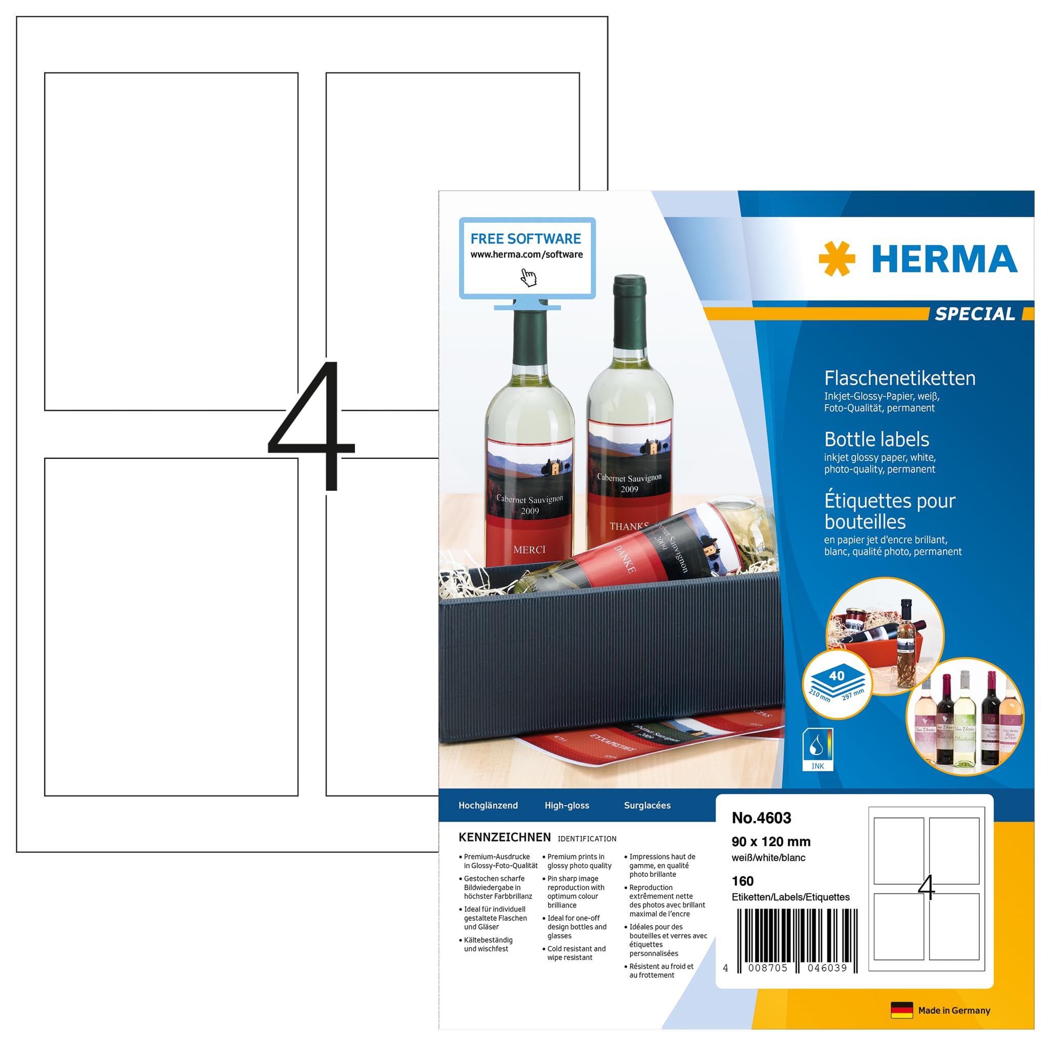 HERMA 4603 Flaschenetiketten – 160 Stück, 90 x 120 mm, 4 pro A4-Bogen, weiß, glänzend