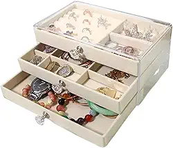 Porta Joias Organizador Acrílico Com 3 Gavetas Aveludada E Divisórias Super Prático e Design Elegante (Bege)