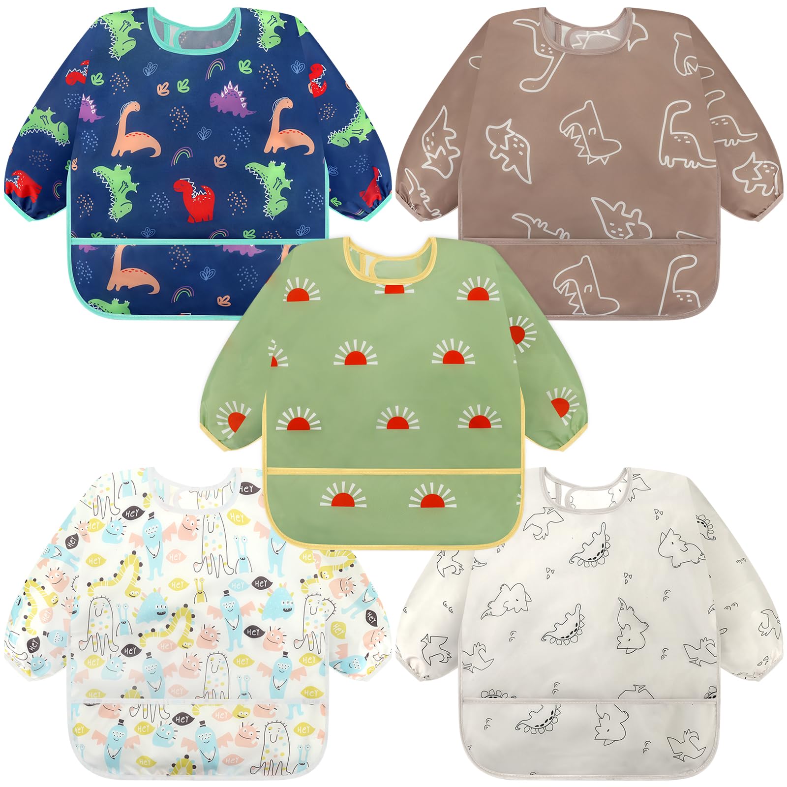 Accmor 5 Pack Long Sleeve Bibs, Baby Smock Waterproof Sleeved Bib Smock for Baby Toddler 6-36 Months