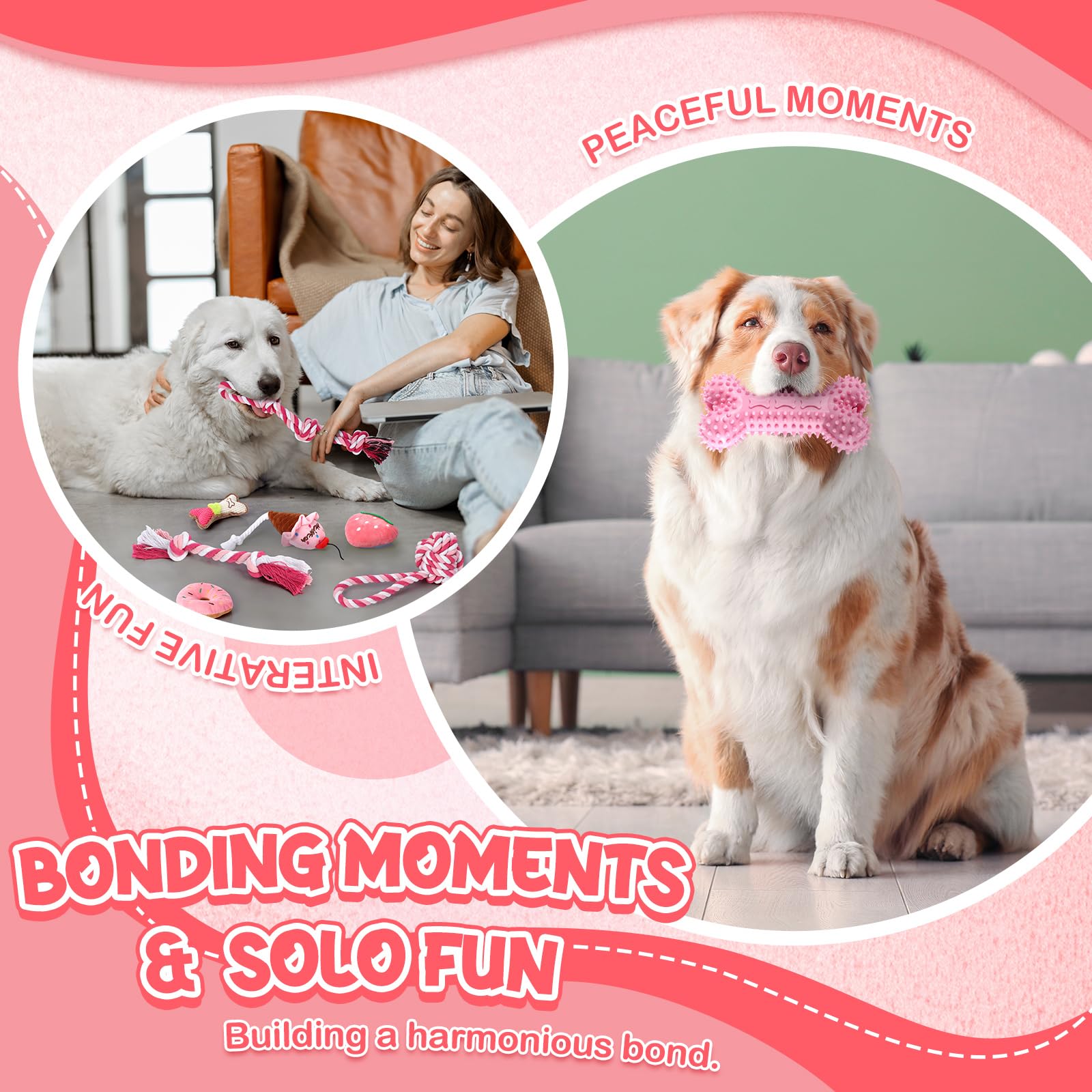 Vinsot Kauspielzeug für große Hunde für aggressive Kauer, rosa Hunde, Zahnspielzeug mit Zahnseil, Quietschbälle und Kauknochen, für mittelgroße und große Rassen, 12 Stück