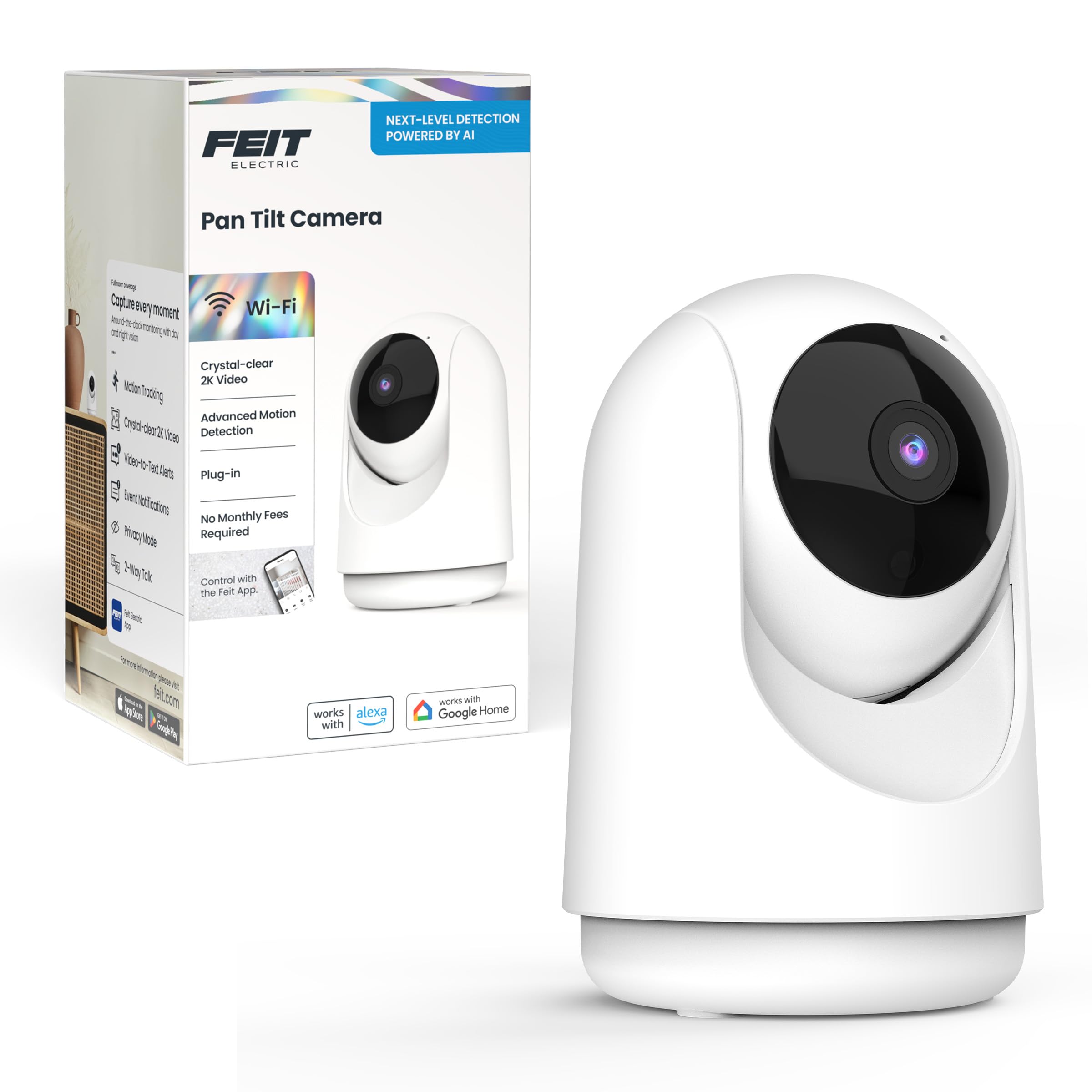 Feit Electric Smart Indoor Pan Tilt Baby Monitor Camera, 2K WiFi Security Camera with AI Motion Alerts, Motion Tracking, Night Vision (30 ft), Two-Way Audio, Local Storage, 2.4GHz WiFi New Gen Baby Cam