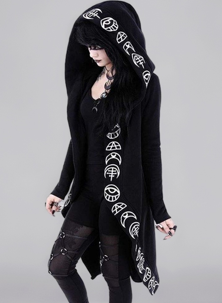 Women’s Moon Gothic Witchcraft Hooded Cardigan Occult Long Sleeve Punk Hoodie Jacket Mid Sweatshirt Tag Size UK