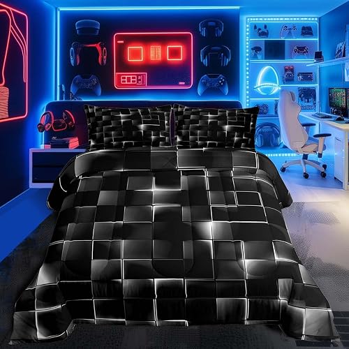 Feelyou Silver and Black Comforter Set Queen Size Kids Light Geometric