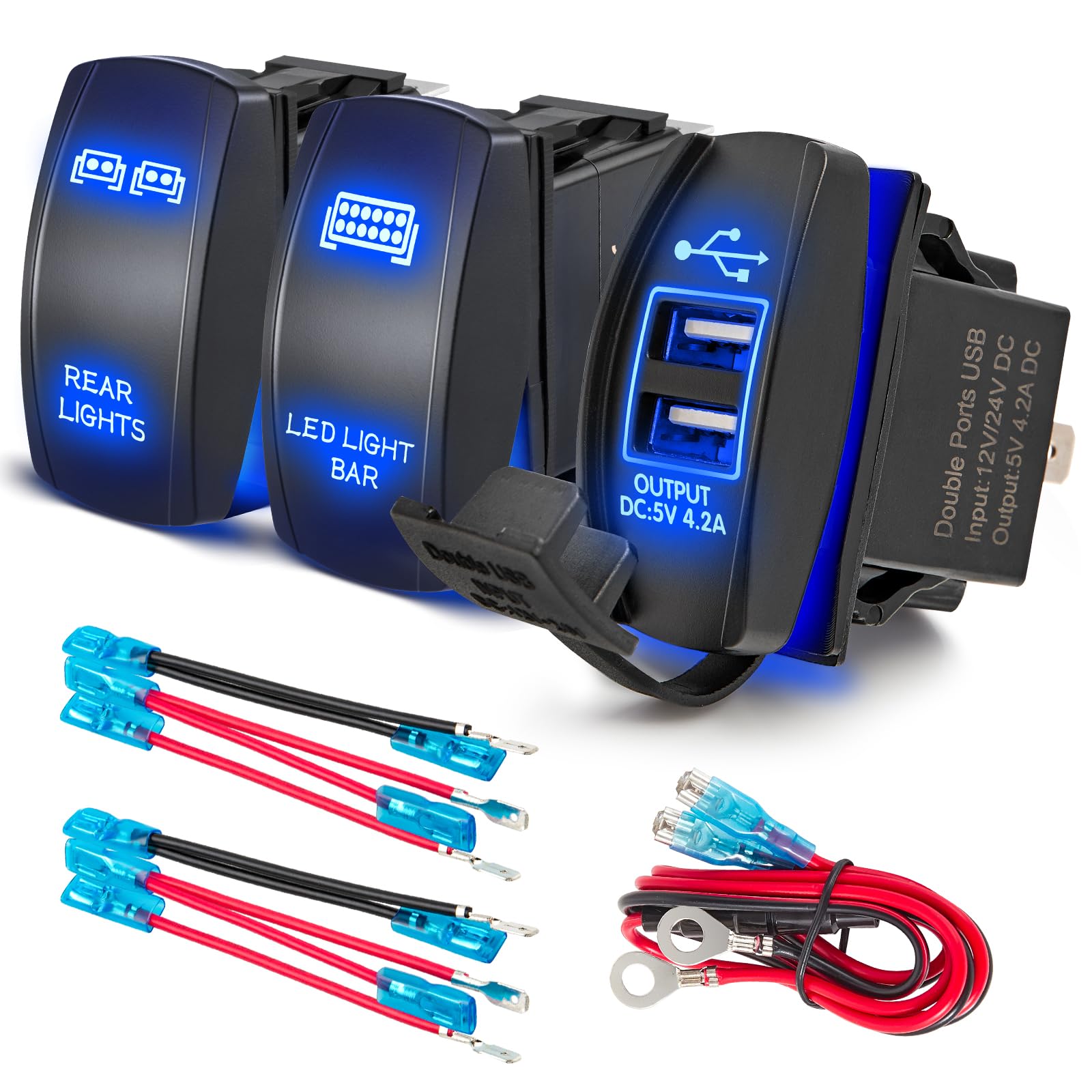 Anina LED Rocker Switch, 3 Pack 12A/20A 24V/10A LED Light Bar & Rear Light & 4.2A Dual USB Car Charger Port with Jumper Wire for Marine Toggle Switch