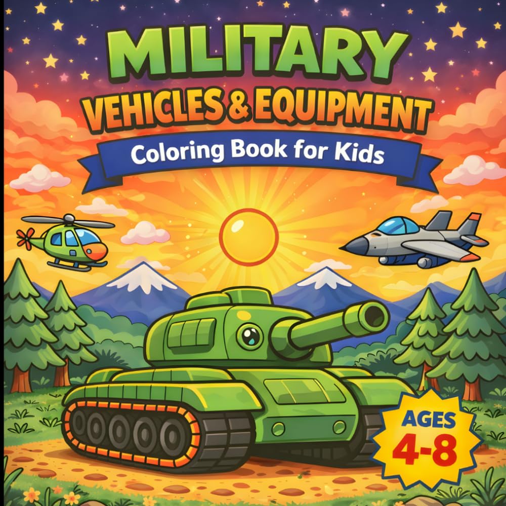 Military Vehicles & Equipment: A Coloring Book for Kids Ages 4–8 Featuring Tanks, Helicopters, Jets, Ships, and More