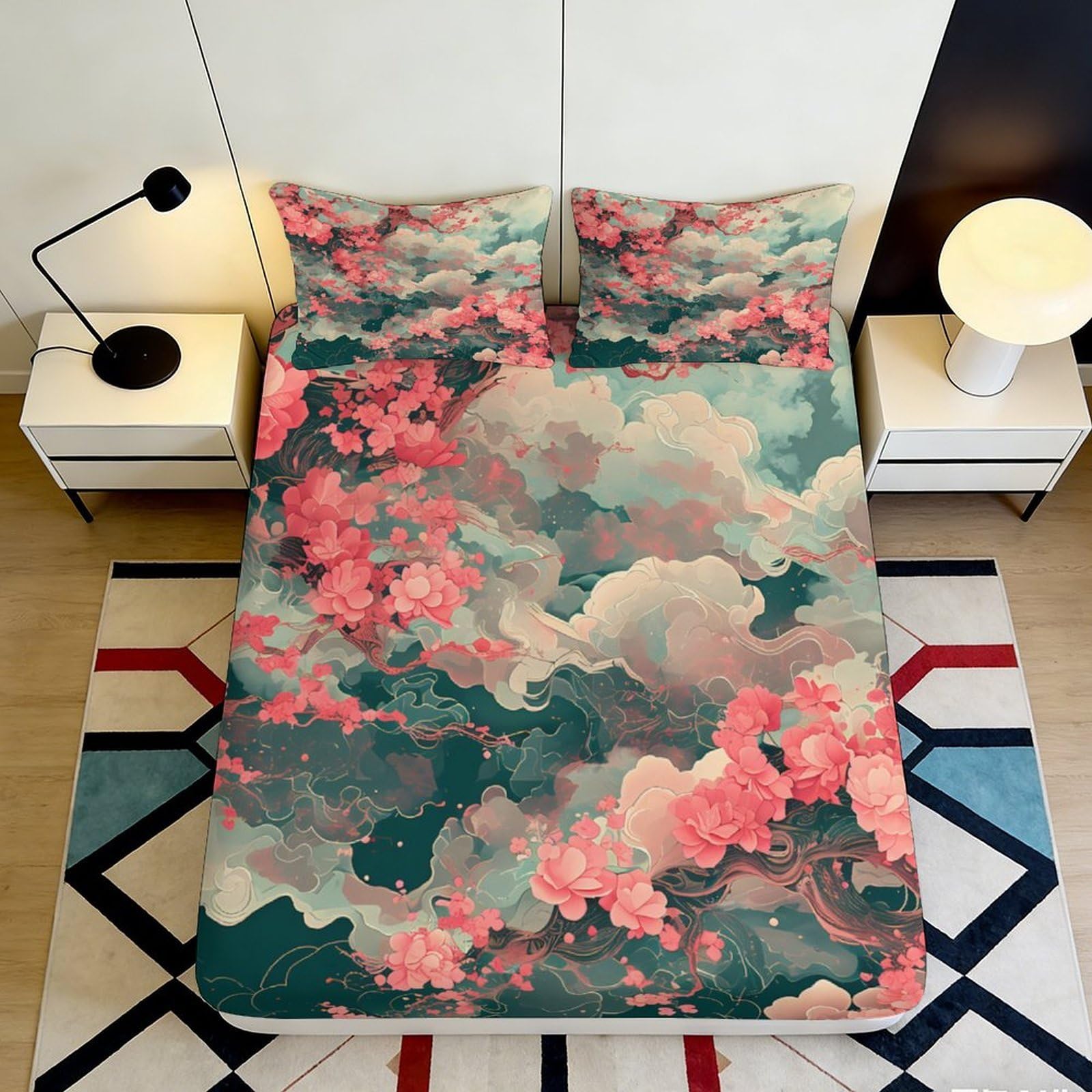 3D Printed Cherry Blossom Fitted Sheet Microfiber Soft Breathable Floral Cloud Bed Cover for Bedroom Dormitory Guest Room Mattress Protection Decor 200x200x25cm