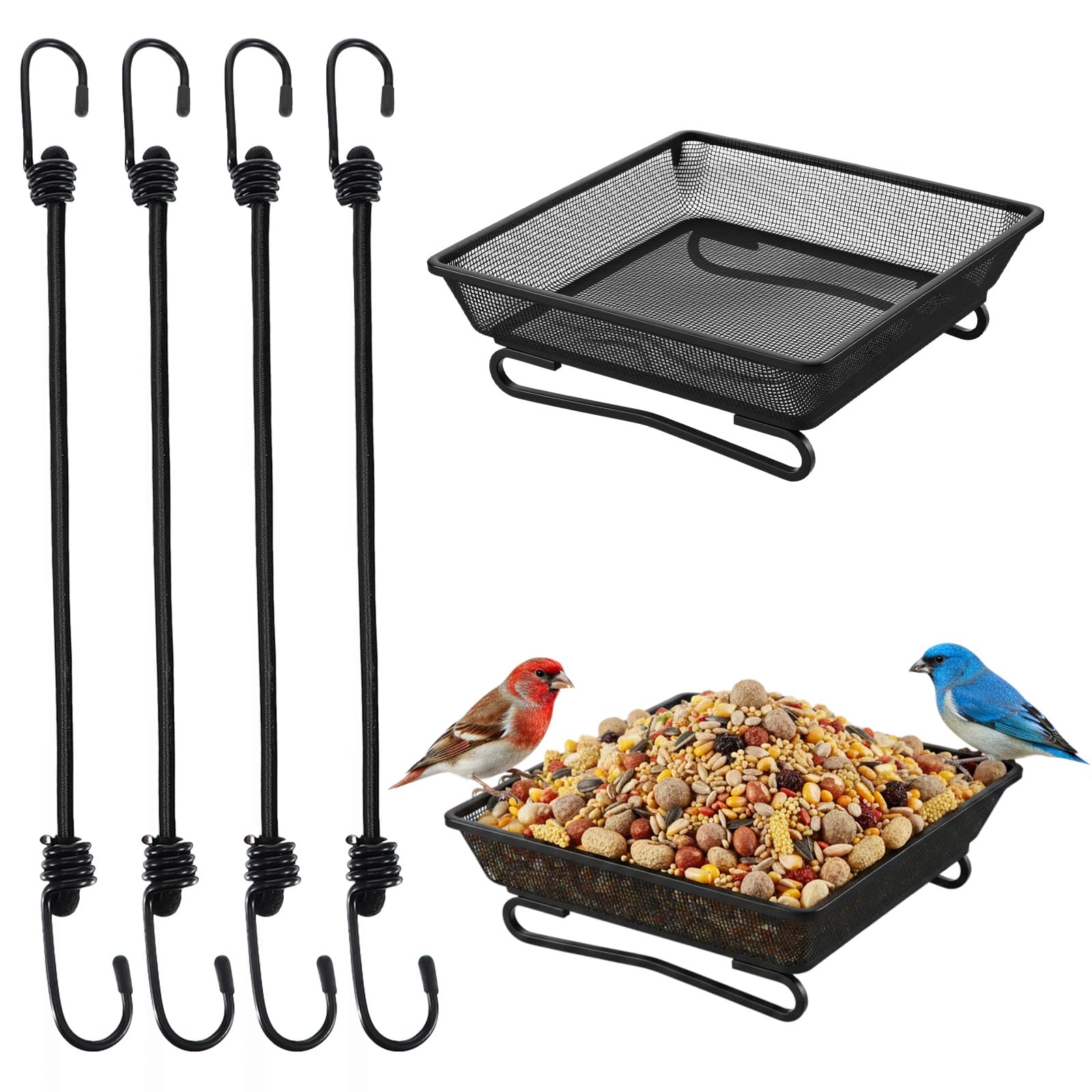 Photo 1 of 2 Pack Deck Bird Feeder Tray, 7 x 7 x 2 Inch Metal Balcony Platform Bird Feeder with 4 Fixed Elastic Rope, Compact Ground Mesh for Backyard Outdoor Garden Decoration Attracting Wild Birds Squirrels