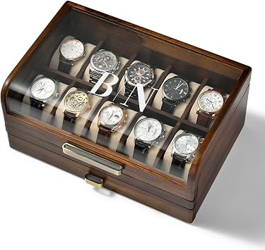 Shanik Wooden Watch Box with Drawer & Glass Lid Acacia Wood Valet Tray Organizer for Men, Minimalist Nightstand Storage, Engraved Daily Watch Display Case, Personalized Gift for Him, Fathers Day
