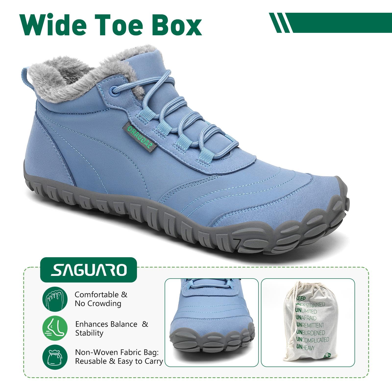 SAGUARO Damskie zimowe botki Barefoot - ocieplane, szerokie palce i podeszwa Drop Zero, rozmiar 36-42
