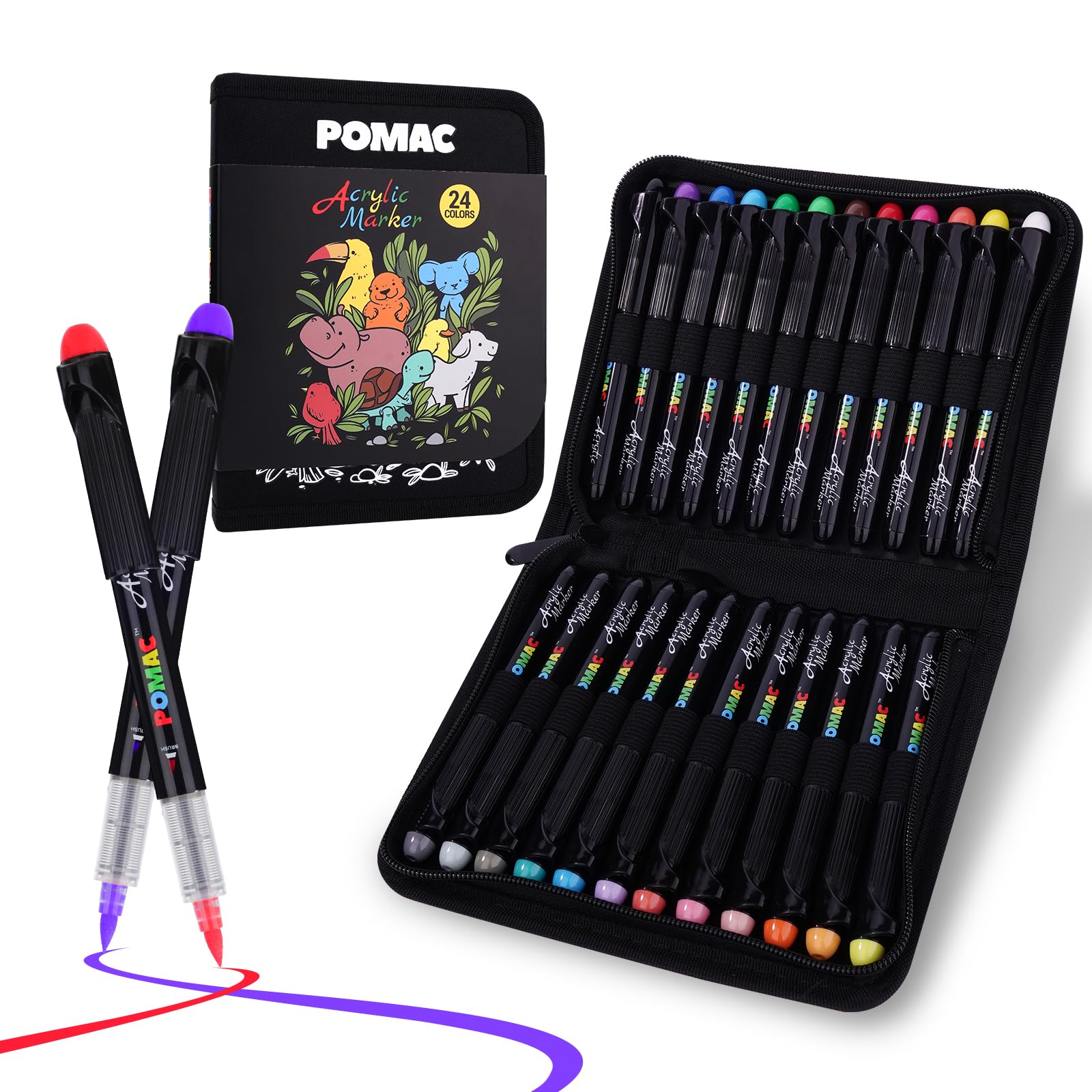 POMAC Acrylic Paint Markers Pens Brush Tip, 24 Assorted Colors Drawing Liquid Paint Marker Waterproof, Water-Based Acrylic Markers for Fabric, Canvas,