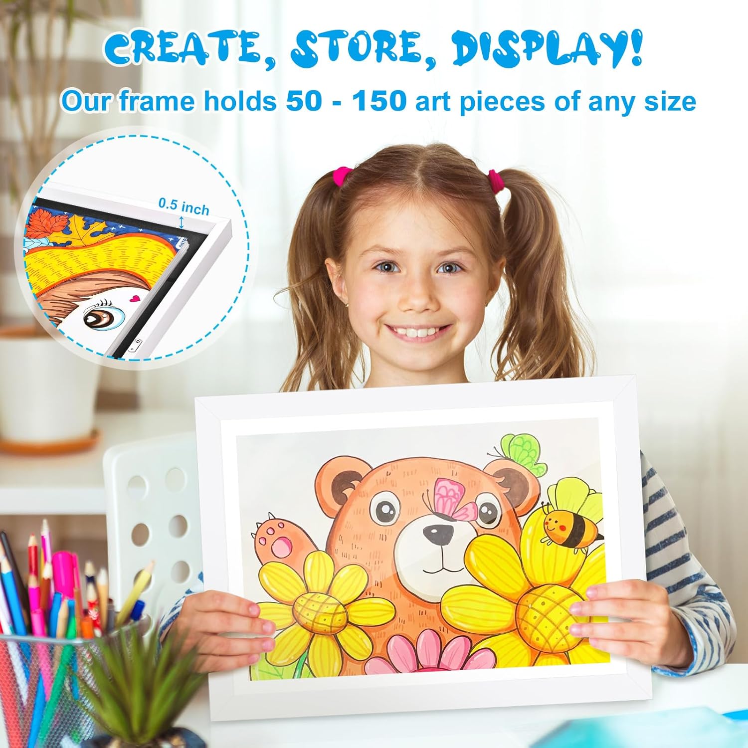 11x14 Kids Art Frames, 2-Pack Front Opening Kids Artwork Frames Changeable, 2 Mats Fit 8.5 x11 and 14 x11, Holds 50-150 Pcs, Picture Frames Kids Room Decor for Kids Drawings, White (White)